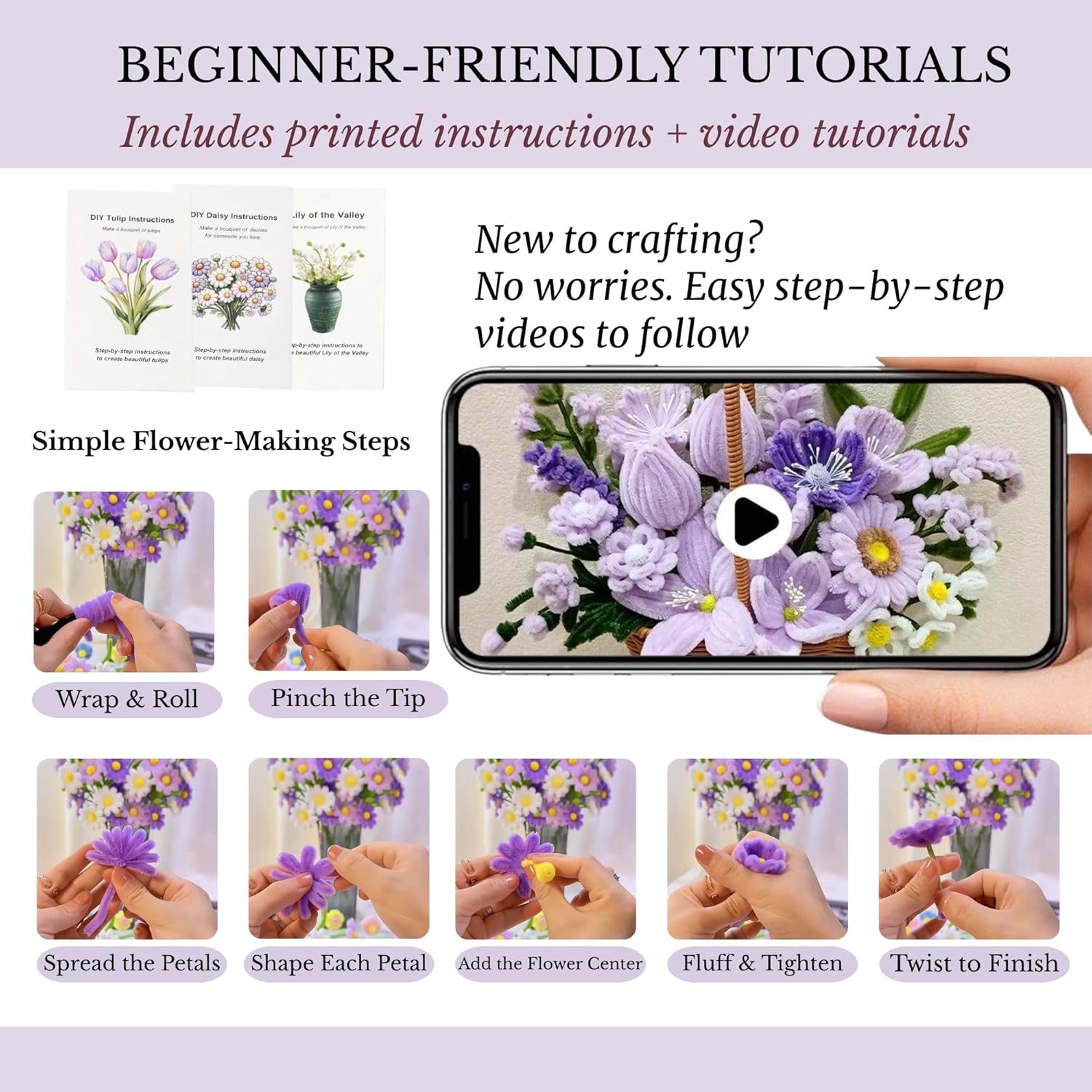 Rochoseng Pipe Cleaner Flower Kit 1000 PCS DIY Bouquet Craft Set Chenille Stems Flower Making Kit with Tools and Tutorials for Beginners and Craft Lovers