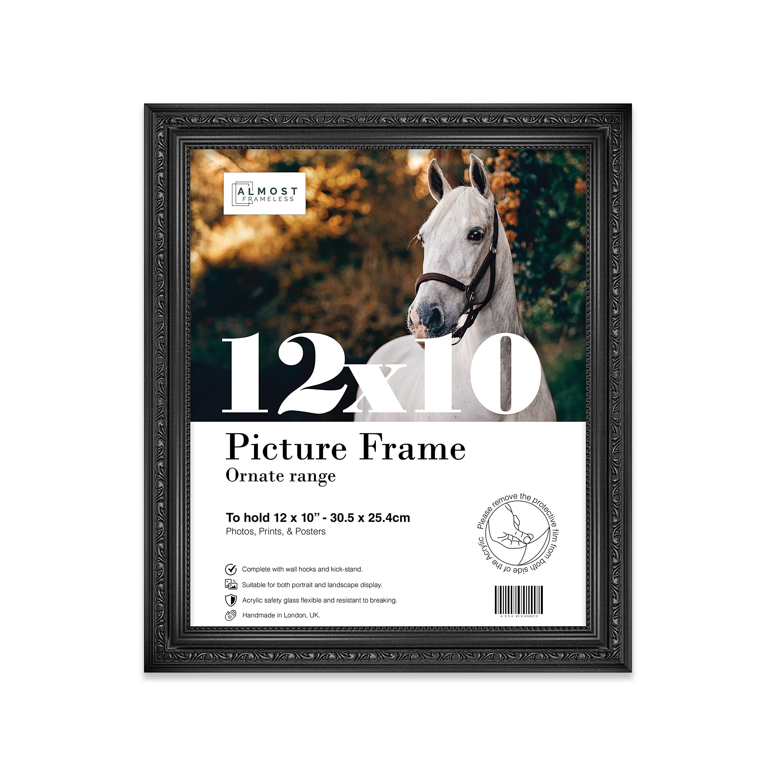 Almost Frameless 12x10 Black Ornate Picture Frame 12"x10"(30.5x25.4cm) Poster, Photo, Artwork, or Print. Shabby Chic Style Portrait and Landscape Display with Wall Hooks