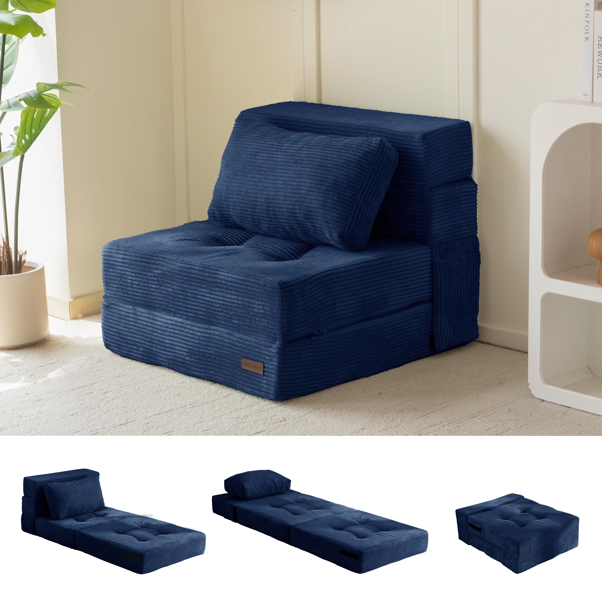 MAXYOYO Convertible Sofa Bed, Fold Out Single Sleeper Sofa with Pillow, 4 in 1 Tufted Folding Couch Bed Foam Floor Couch, Lazy Chair for Living Room Bedroom Guest Room, Navy