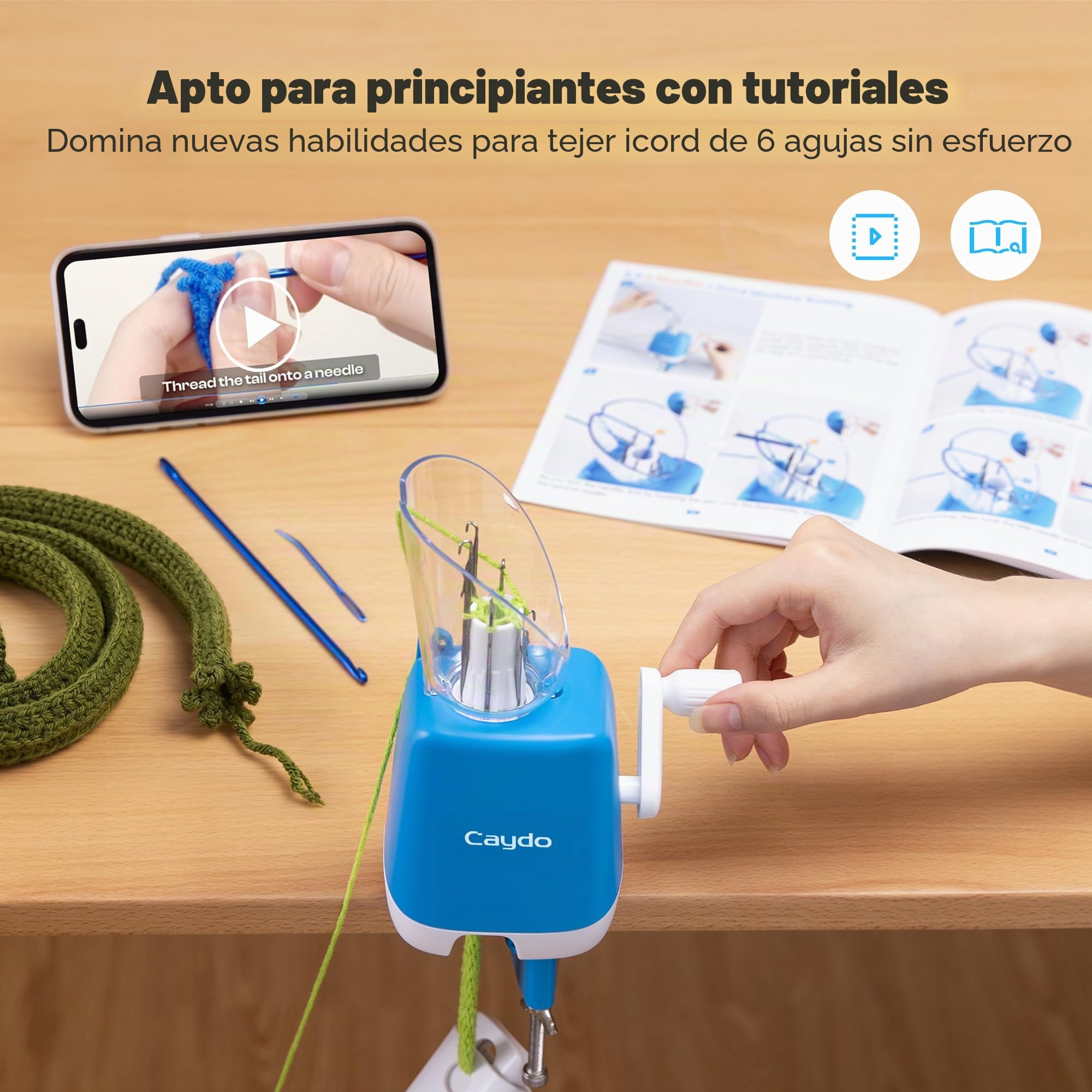Caydo Máquina Tricotin Manual, Mini Molino de Tejer 6 Agujas, Máquina de Tejer Portátil para Hacer Cordones, Pulseras y Bolsos, Muy Eficiente, DIY Máquina de Ganchillo para Adultos