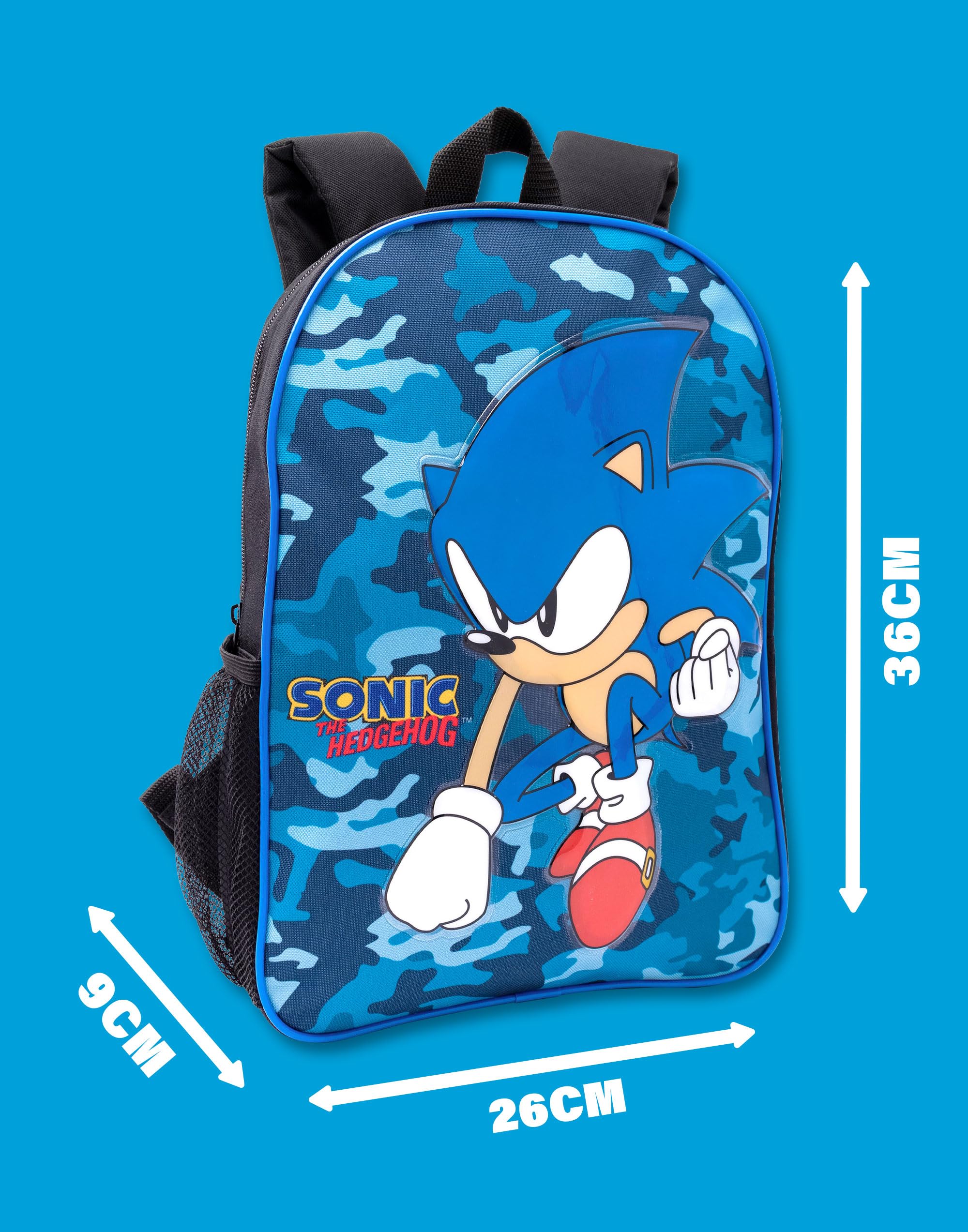 Sonic The Hedgehog Mochila para niños, diseño de camuflaje azul marino, estuche para lápices, botella de agua, mercancía de juego