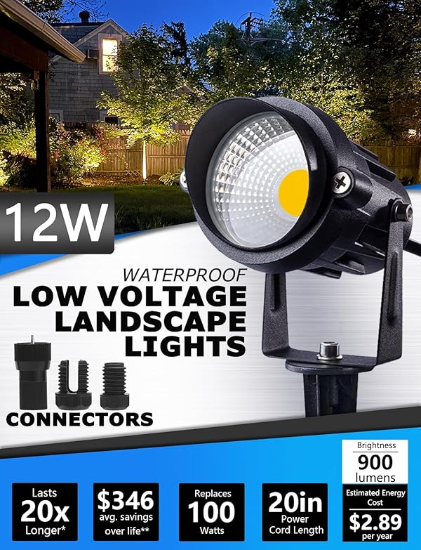 SUNVIE 12W Low Voltage LED Landscape Lights with Connectors, Outdoor 12V Super Warm White (900LM) Waterproof Garden Pathway Lights Wall Tree Flag Spotlights with Spike Stand (10 Pack with Connector) by SUNVIE - Image 2