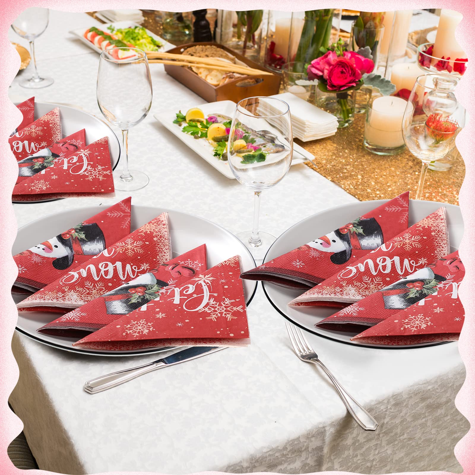 60 Tovaglioli Di Carta Natale Rossi Con Renne E Fiocchi Di Neve | 2 Veli Resistenti 33x33 Cm | Decorazione Tavola Festiva Monouso E Biodegradabile