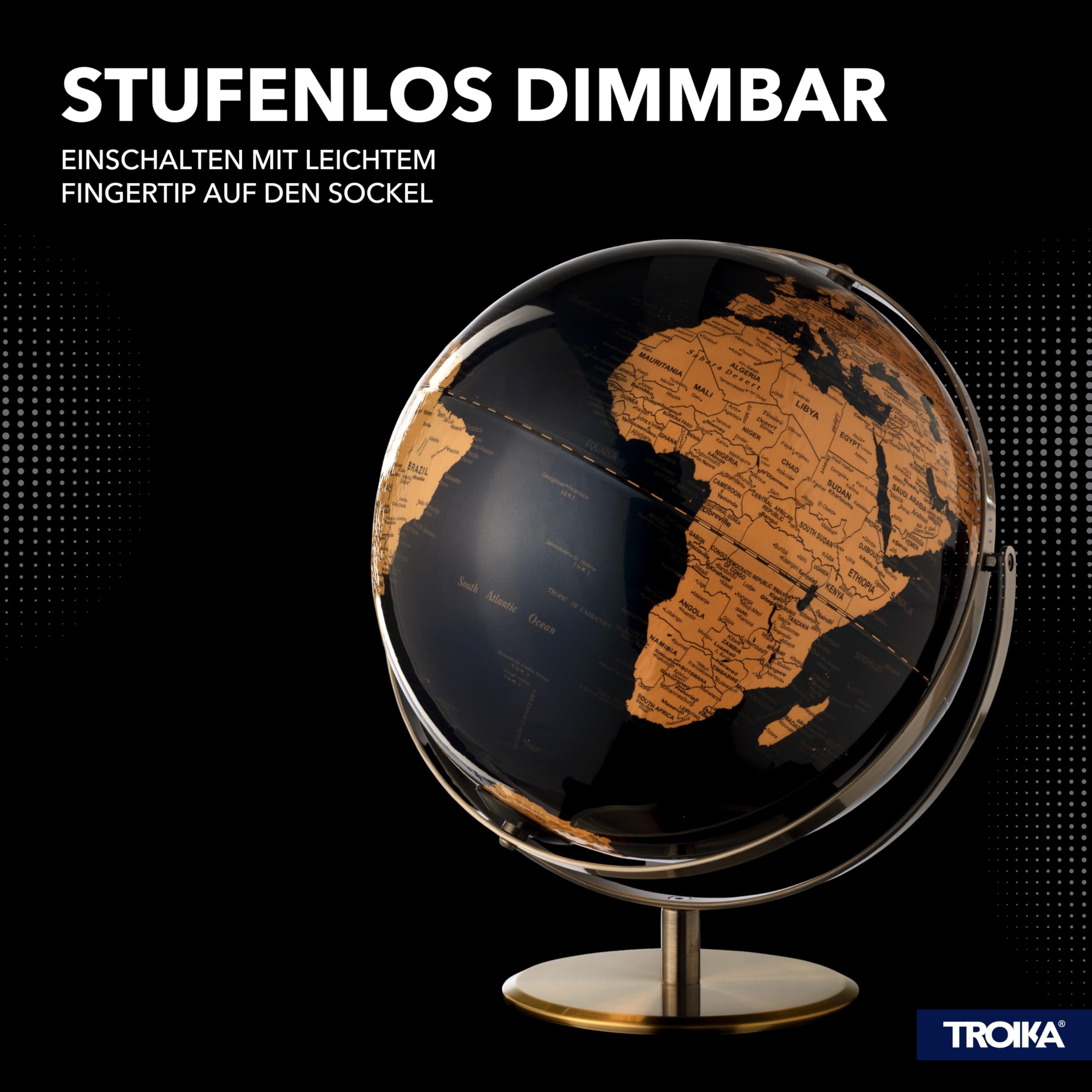 TROIKA Globus beleuchtet dimmbar 30cm JURI LIGHT FLEX Akku betrieben Magnet-USB-C-Kabel Ladeanzeige mit 2 beweglichen Achsen und Kartenrelief auf gebürstetem Metallfuß in bronzefarben, dunkelblau