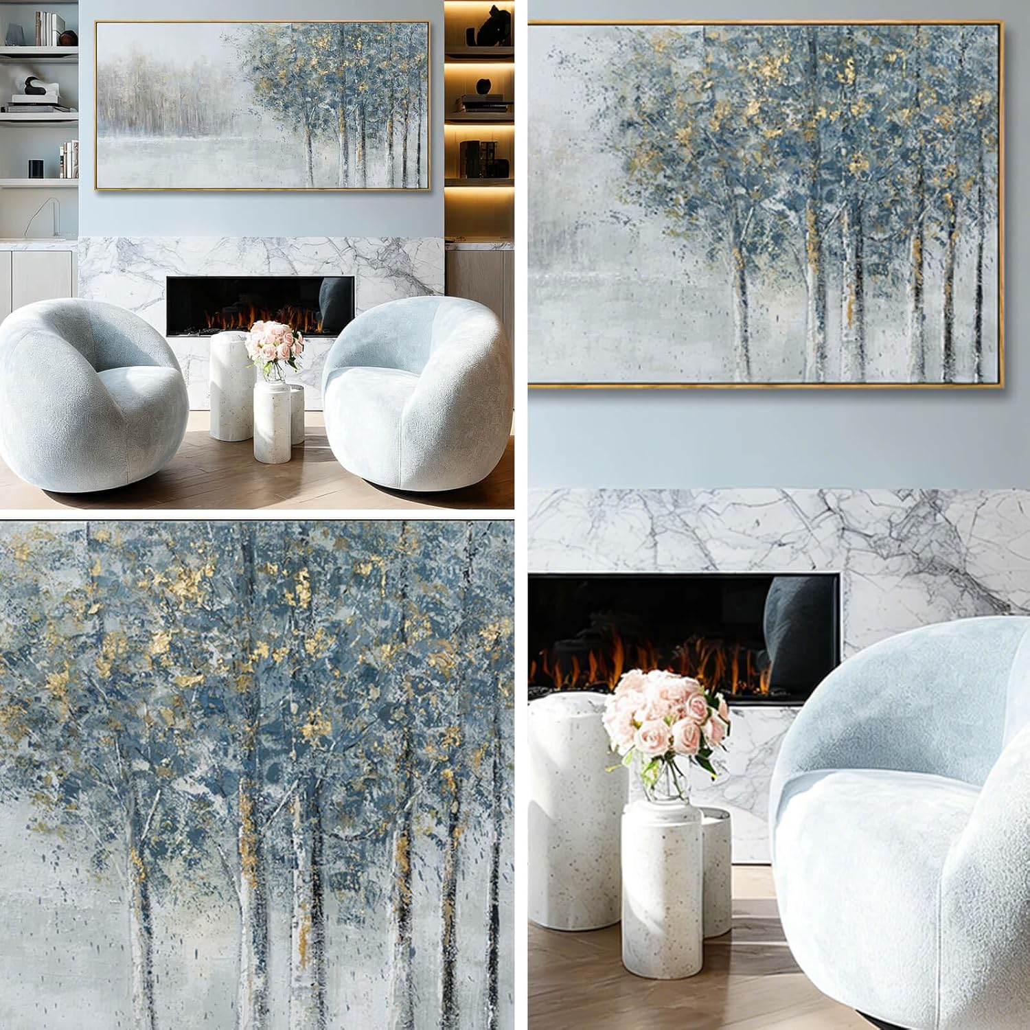 Blue and Grey Tree of Life Wall Art 24x48 Inch, Large Framed Canvas Painting with Wooden Frame, Modern Nature Wall Decor for Bedroom Living Room or Office