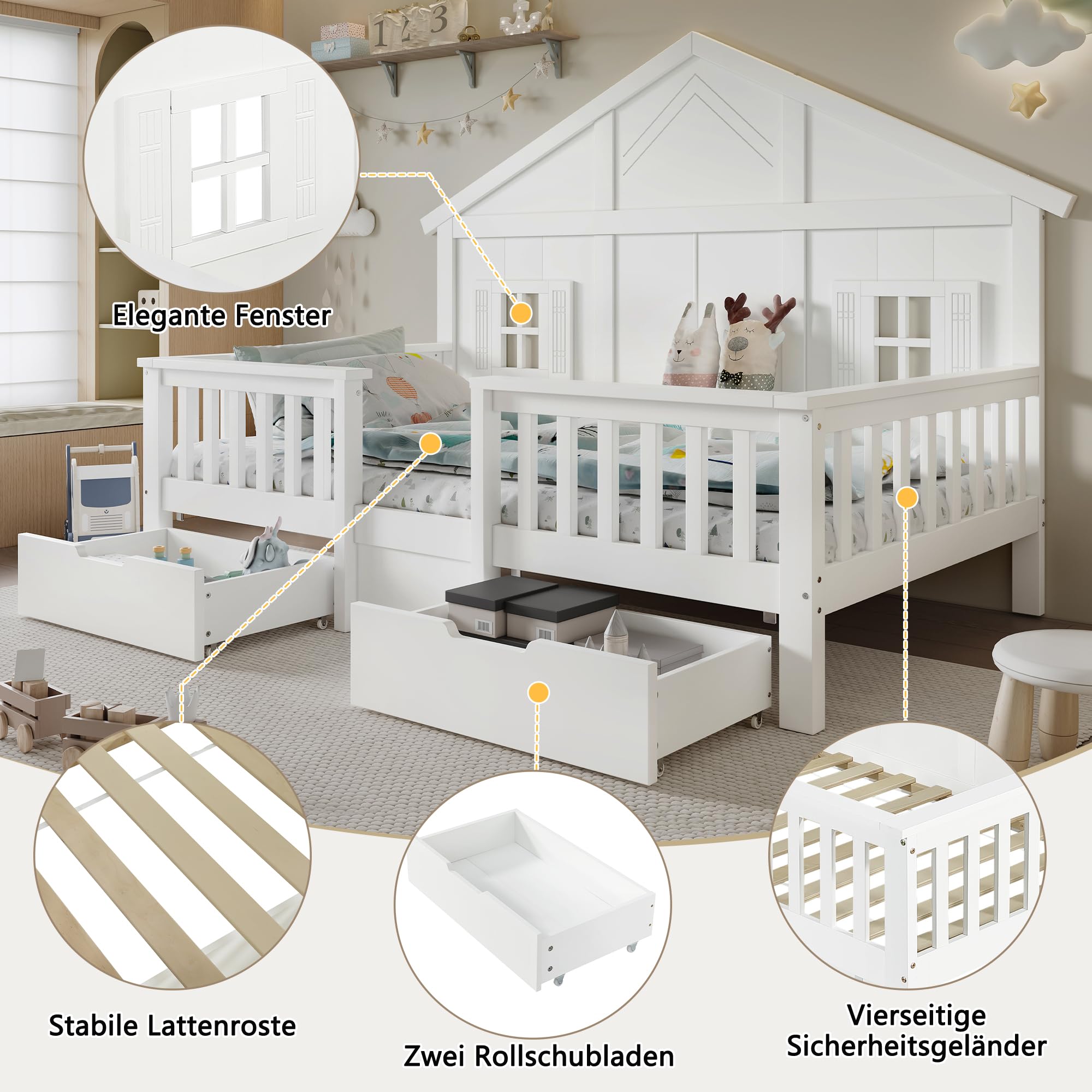 Letto Casetta per Bambini Ragazzi 90x200cm con 2 Cassetti, Letto a Forma di Casa con Finestre e Tetto, Rete a doghe, Struttura letto in pino (Senza Materasso)