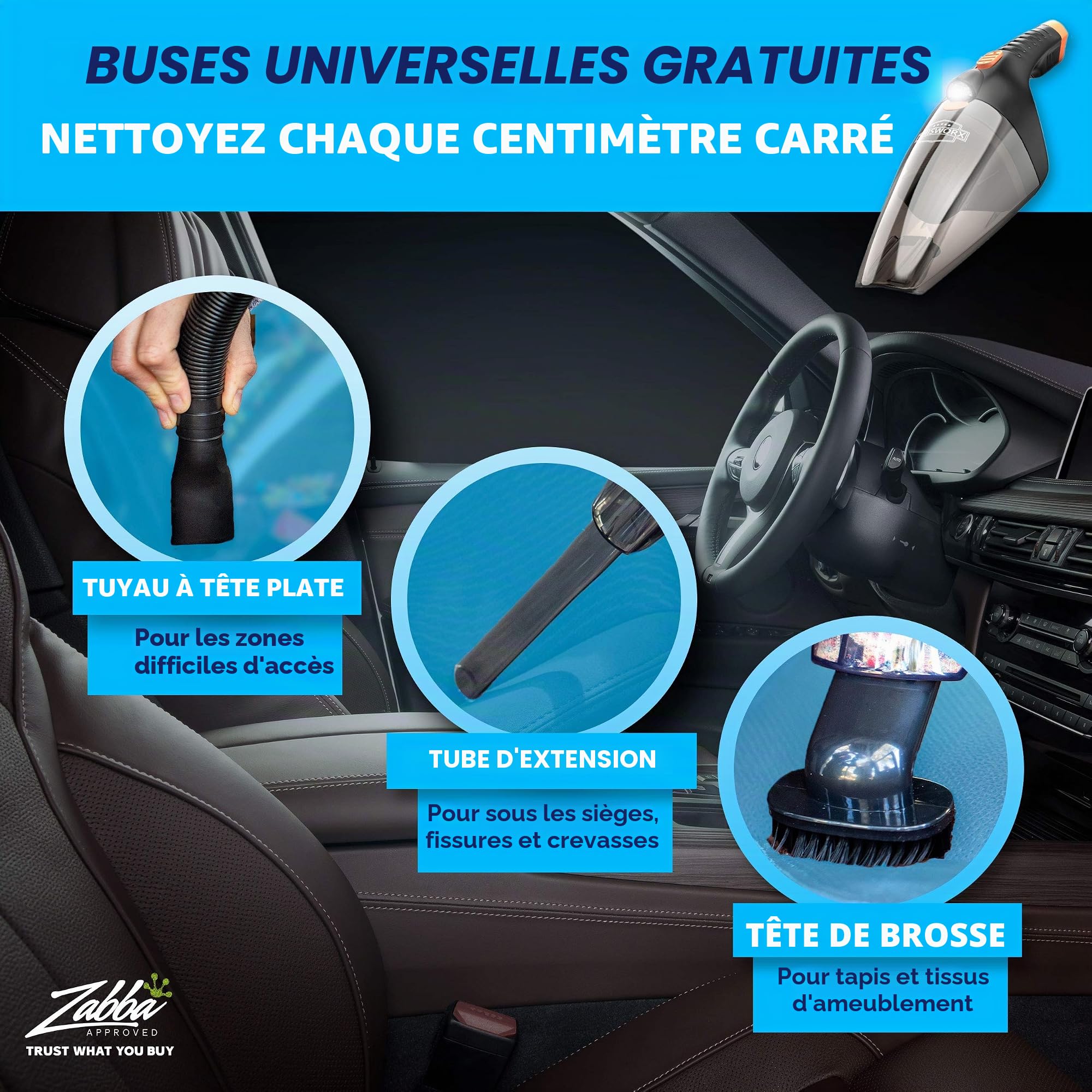ThisWorx Aspirateur Voiture Puissant Sans Fil, Mini Aspirateur a Main 12V pour Nettoyage Voiture, 2 Vitesses, Lampe LED, 110 Watts