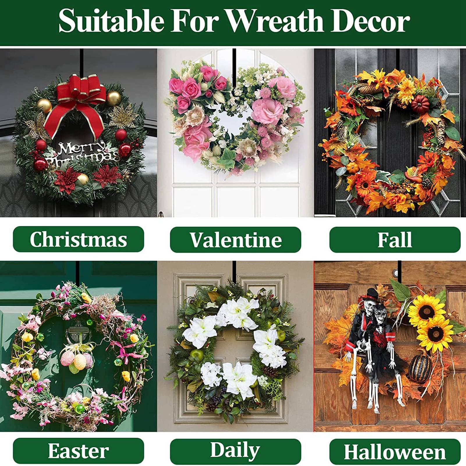 Beufee Wreath Hangers for Front Door, Over The Door Wreath Hanger Adjustable Halloween Wreath Hanger Wreath Holder Door Hooks for Front Door Decor (White)