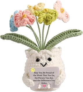 YOOJEE Handmade Crochet Forget-Me-Not Flower Pot with 'Proud of You' Card - Appreciation Farewell Retirement Gift for Coworkers Teachers