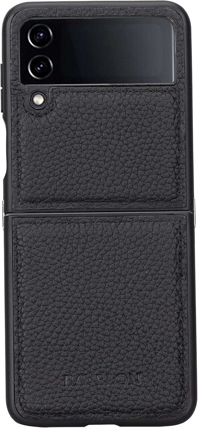 Bayelon Case Compatible with Galaxy Z Flip 4 - Protective Genuine Leather Shockproof Minimalist Cover Thin Slim Phone Case (Floater Black)