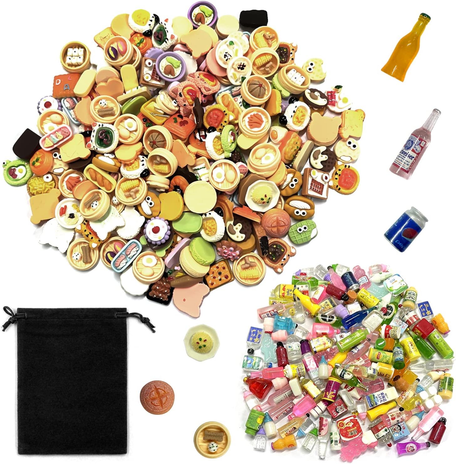 50 Pack Mini Food & Drink Models with 1 Black Storage Bag, Kids Playset, Kids Role Playing Toys, simulation Food Toys, DIY Supplies, Learning Toy Gifts, Pretend Kitchen Accessories (Random Styles)