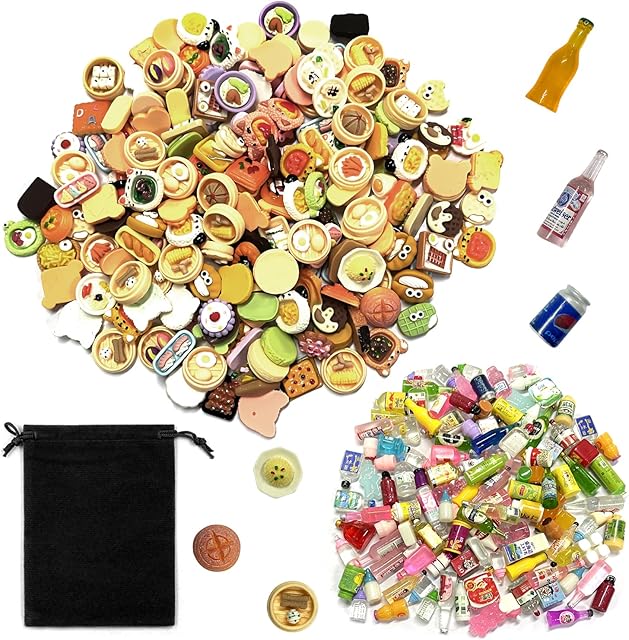50 Pack Mini Food & Drink Models with 1 Black Storage Bag, Kids Playset, Kids Role Playing Toys, simulation Food Toys, DIY Supplies, Learning Toy Gifts, Pretend Kitchen Accessories (Random Styles)