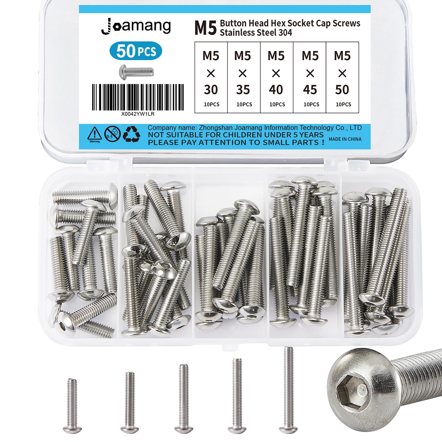 Joamang M5 x 30mm 35mm 40mm 45mm 50mm Button Head Socket Cap Screws Bolts, Stainless Steel 304, Metric Allen Hex Drive, Bright Finish, Fully Threaded,