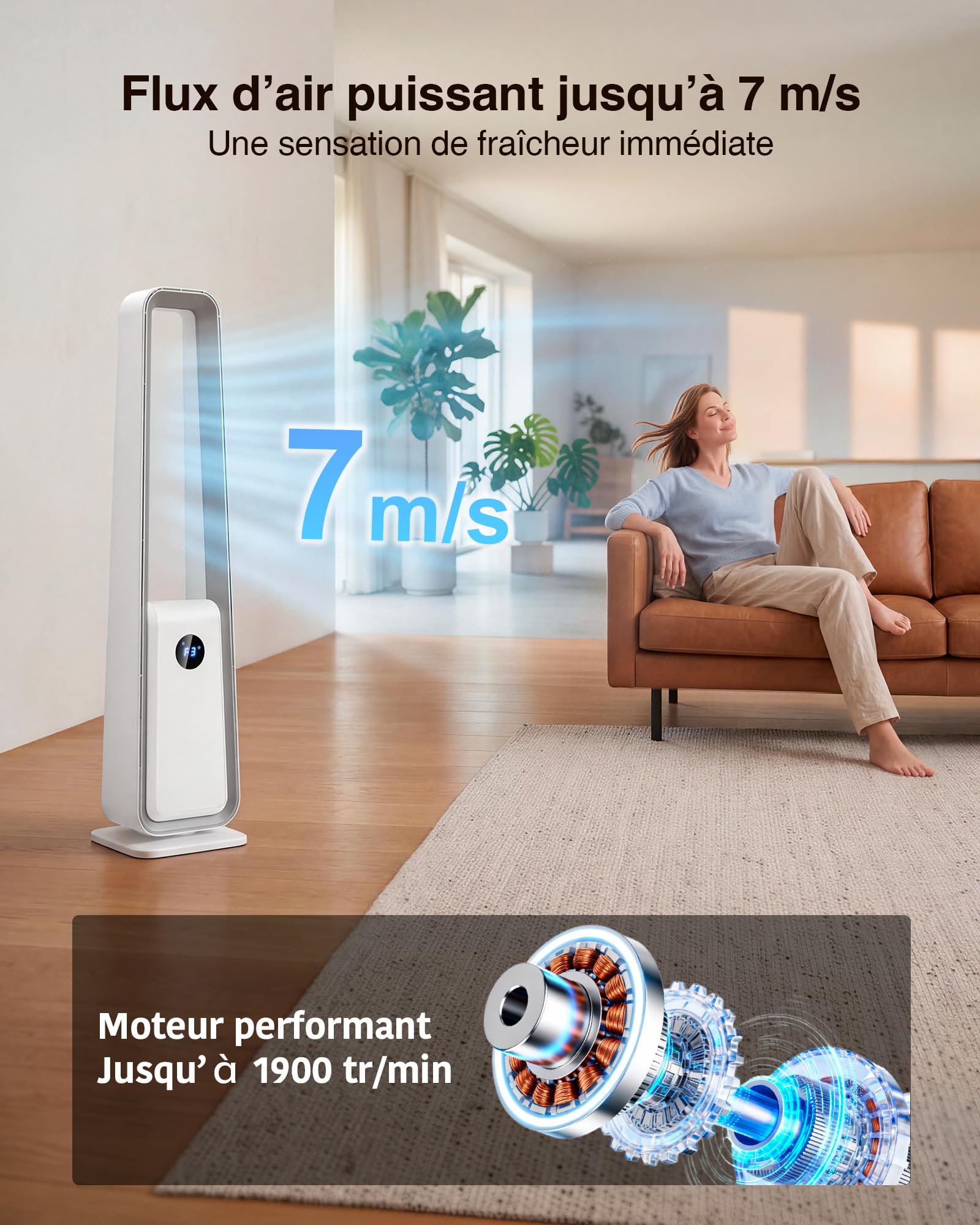 Ventilateur Colonne Sans Pales: Ventilateur Tour Silencieux avec Télécommande - Oscillation 75° Minuterie 12H Écran LED 3 Modes Ventilateur Sans Lame pour Chambre/Bureau/Salon/Enfants/Coucher
