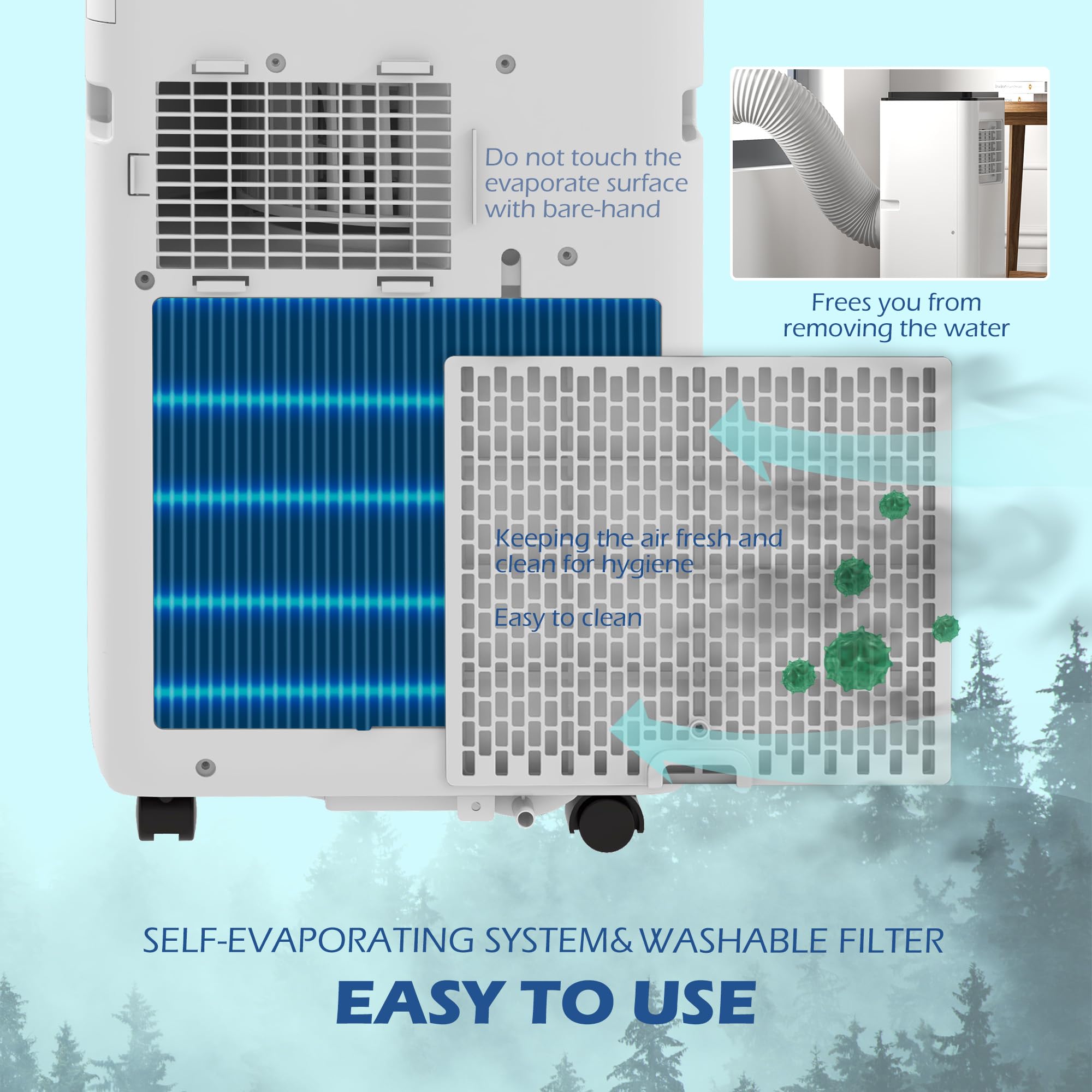 Aire acondicionado de 8000 BTU para habitaciones de hasta 345 pies cuadrados, unidad de CA 5 en 1 con ventilador de refrigeración, deshumidificador, automático, apagado y control remoto 6