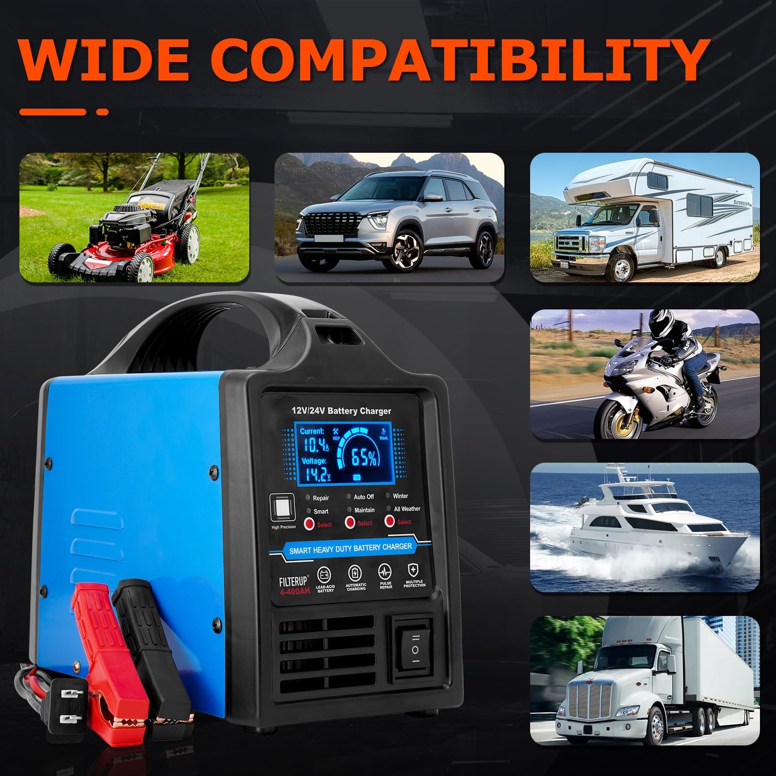 Caricabatterie al piombo-acido da 12 V 24 V, resistente, 0-15 A Smart Automatic Battery Maintainer, caricabatterie con riparazione, spegnimento automatico, modalità inverno ed estate, per auto, camion