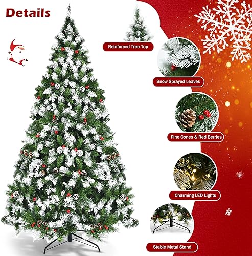 Miniatura 13 de Goplus Árbol de Navidad artificial preiluminado de 7.5 pies, árbol de Navidad flocado de nieve con bisagras con conos de pino, bayas rojas y 550
