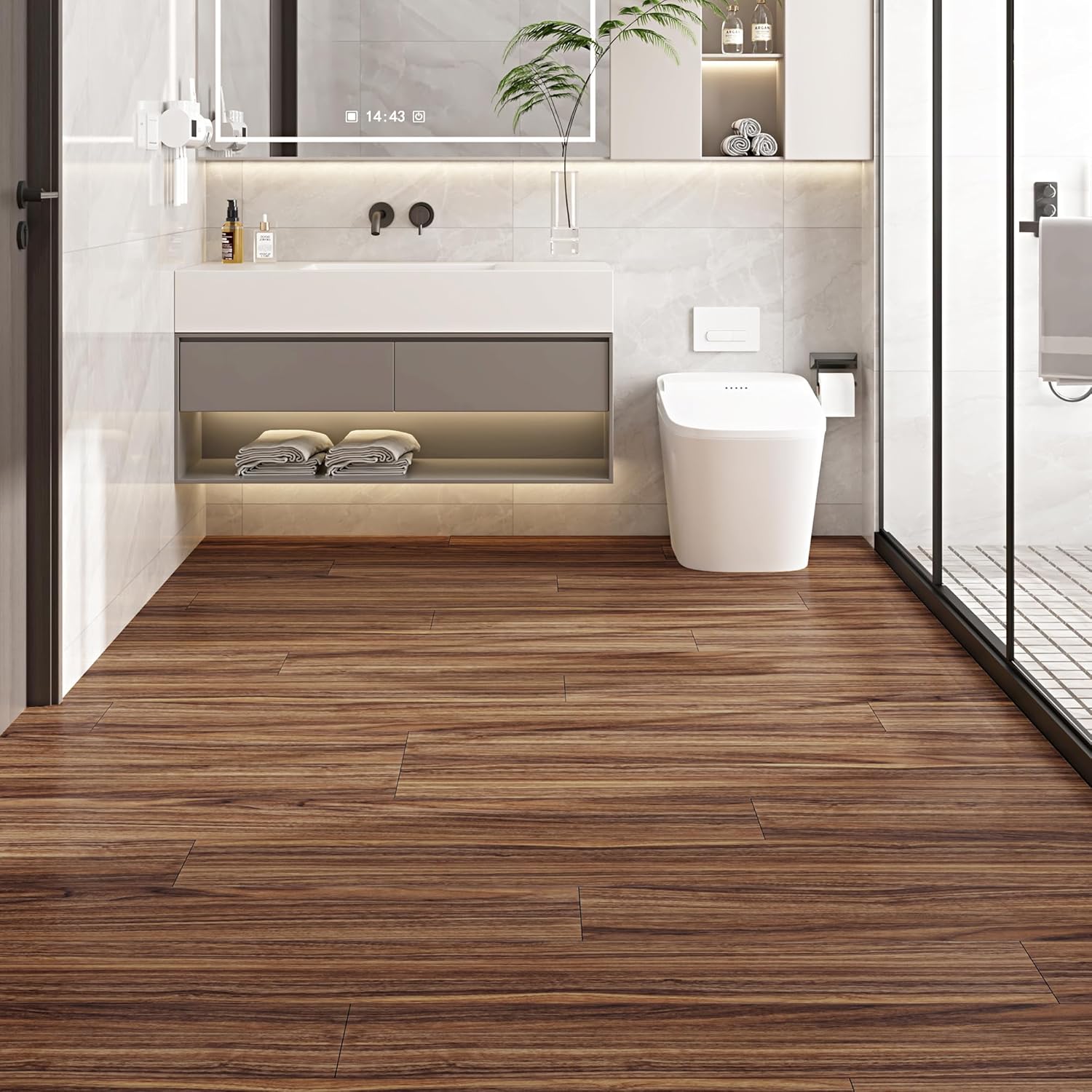 Hilarious Peel and Stick Vinyl Floor Tiles, Rustic Walnut Wood 36 PCS 54 Sq.Ft Waterproof Floor Stickers Self Adhesive Vinyl Flooring Stick on Floor Tiles Vinyl Plank Bathroom, Kitchen, Living Room RV