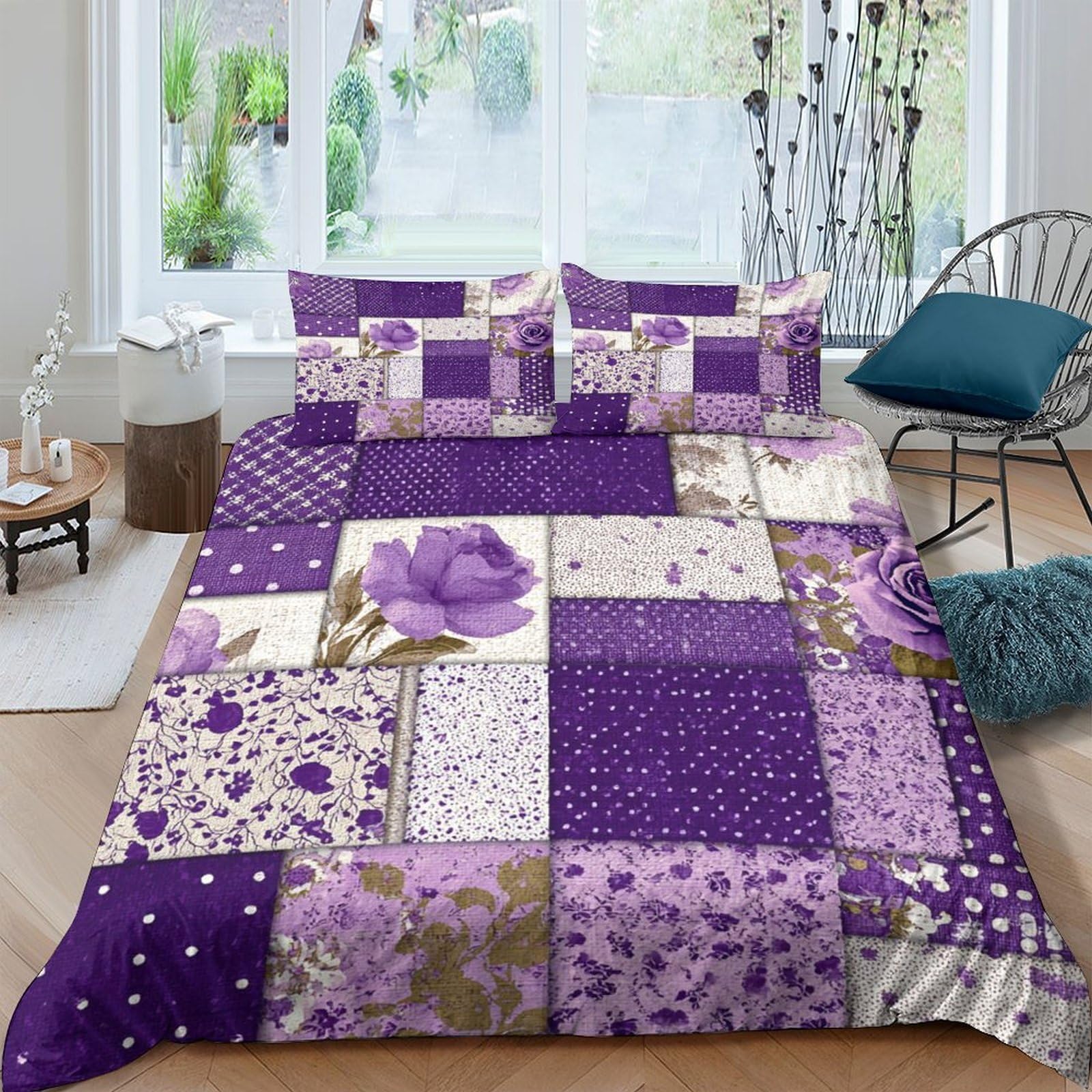 Ctjqhvkz Style-8 3D Printed Purple Patchwork Fitted Sheet Microfiber Floral Geometric Bed Sheet Anti-Slip Mattress Cover Bedroom Decor Single（135X200cm）