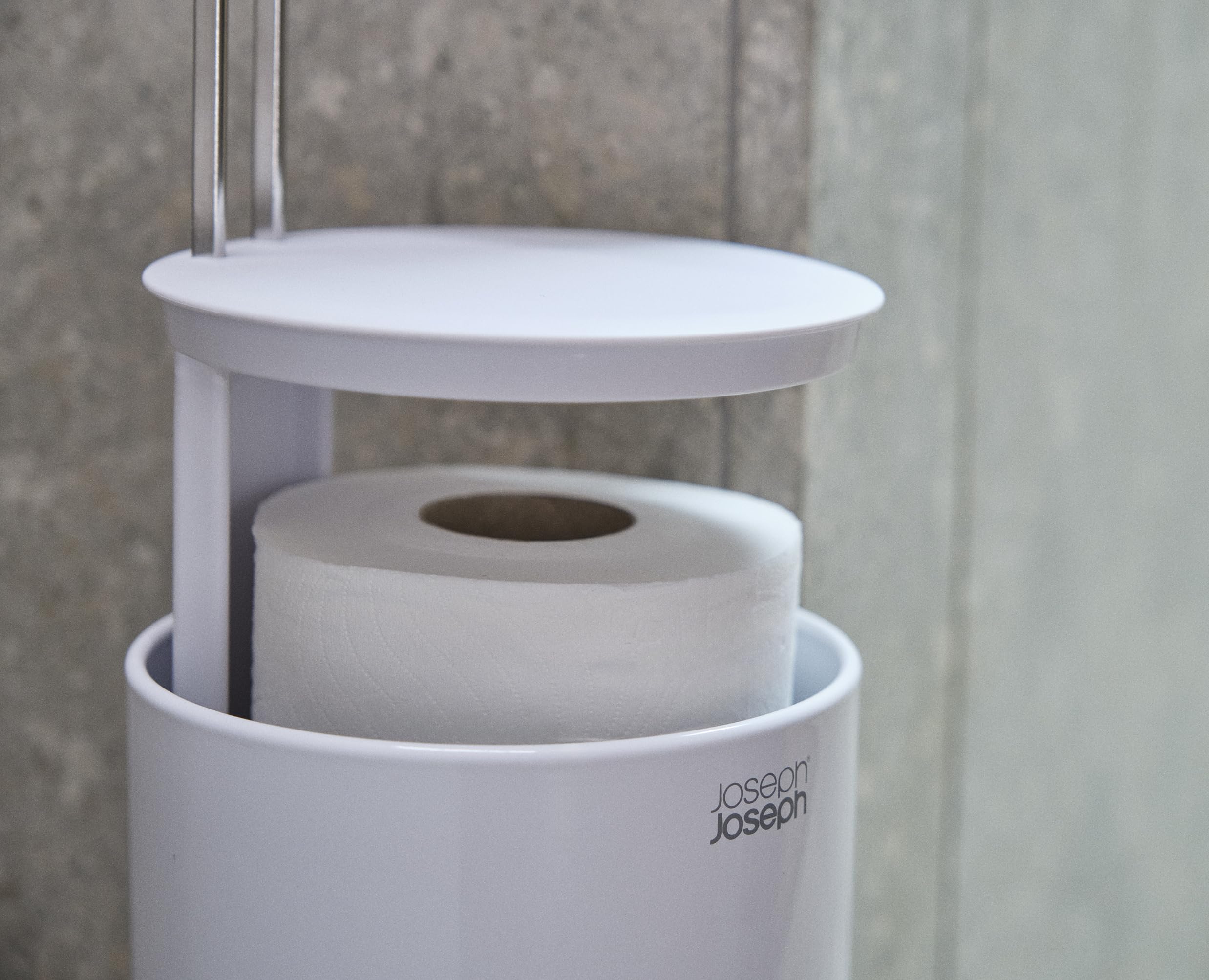 Joseph Joseph EasyStore Porta Carta Igienica da Terra, Spazio a Scomparsa per 3 Rotoli di Scorta, Bianco Lucido