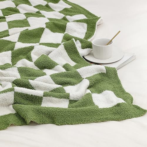 Miniatura 2 de Manta de punto de cuadrícula de ajedrez, suave, acogedora y cálida, manta de microfibra decorativa para sofá, cama, viajes y hogar (verde aguacate,