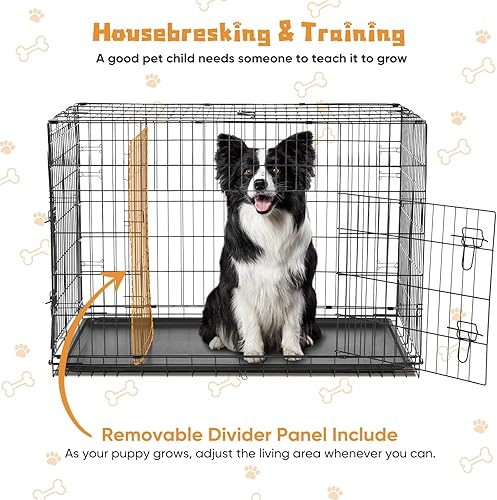 Miniatura 5 de DUMOS Jaula para perros, jaula mediana de doble puerta de 36 pulgadas con panel divisor y bandeja de plástico a prueba de fugas, perrera plegable de