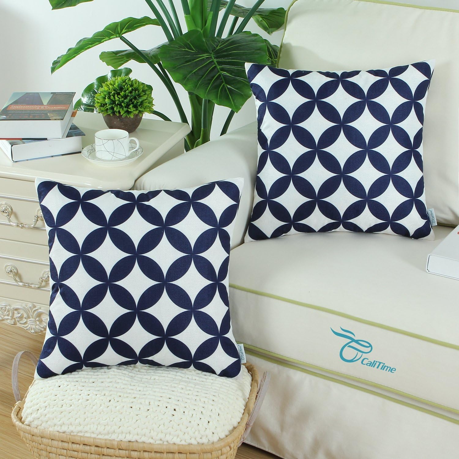 CaliTime Pack of 2 Soft Canvas Throw Pillow Covers Cases for Couch Sofa Home Decoration Modern Circles Rings Chain Geometric 18 X 18 Inches Navy Blue
