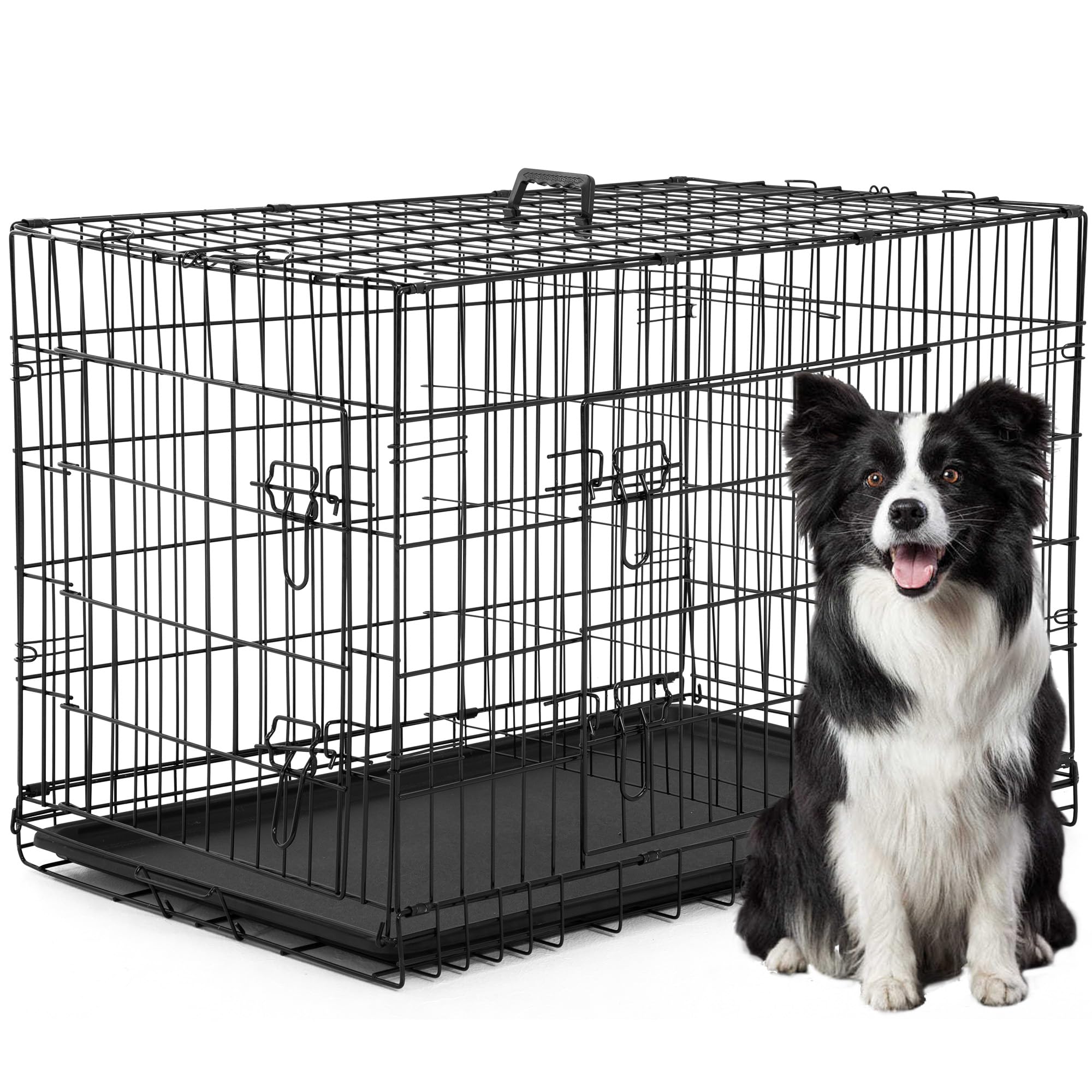 FDW XL Dog Crate Dog Kennel Cage with Double Door,42 inch Folding Metal Wire Dog Cage with Removable Tray&Divider Panel,Pet Crate for Medium Large Dogs,Black
