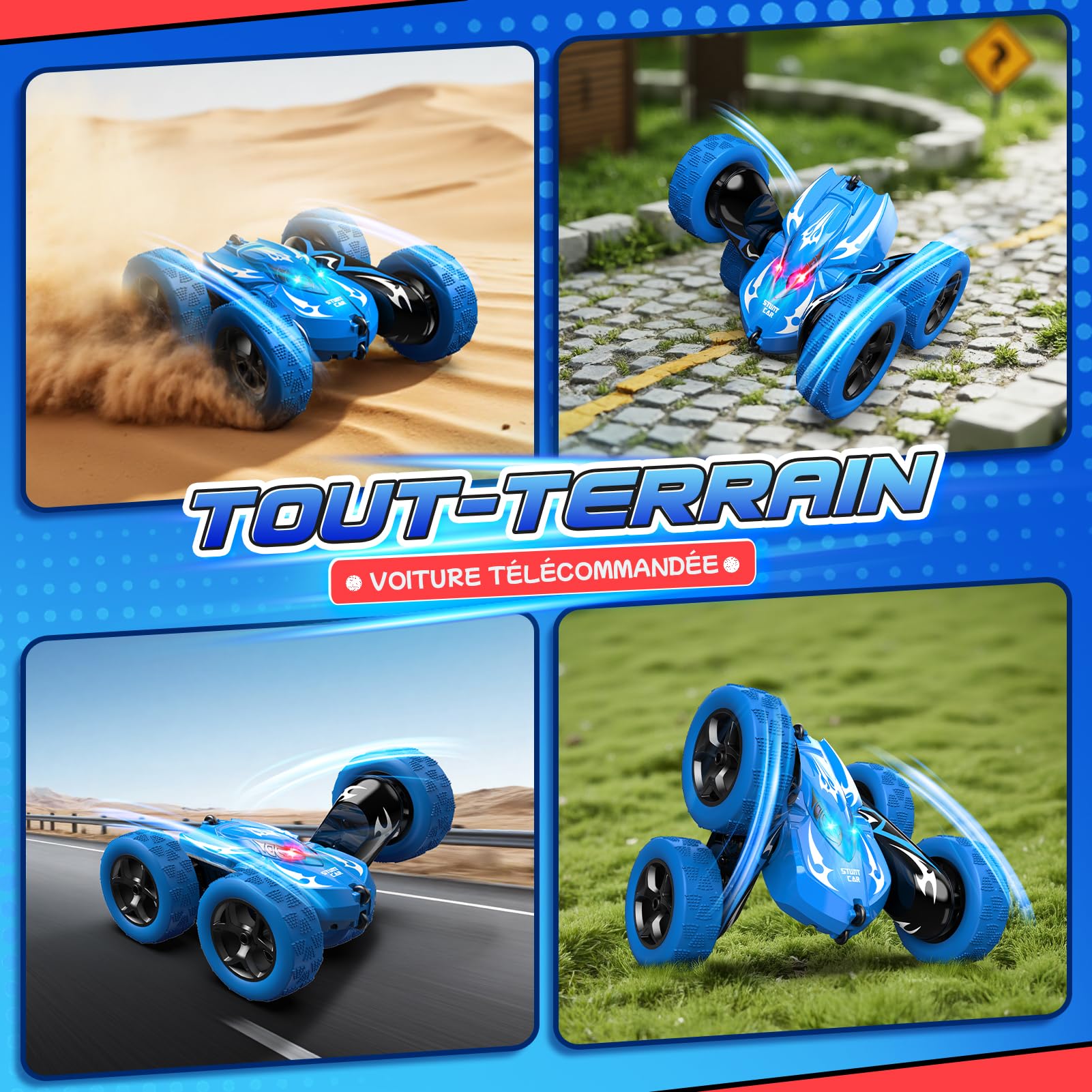 HappyGoLucky Voiture Telecommandé Enfant, 360° Rotation Voiture Télécommandée Monster Truck, 2.4Ghz 4WD Voiture Rc Car Jouet Cadeau Enfant Garcon 3-9 Ans Jeux Exterieur Cadeau Anniversaire