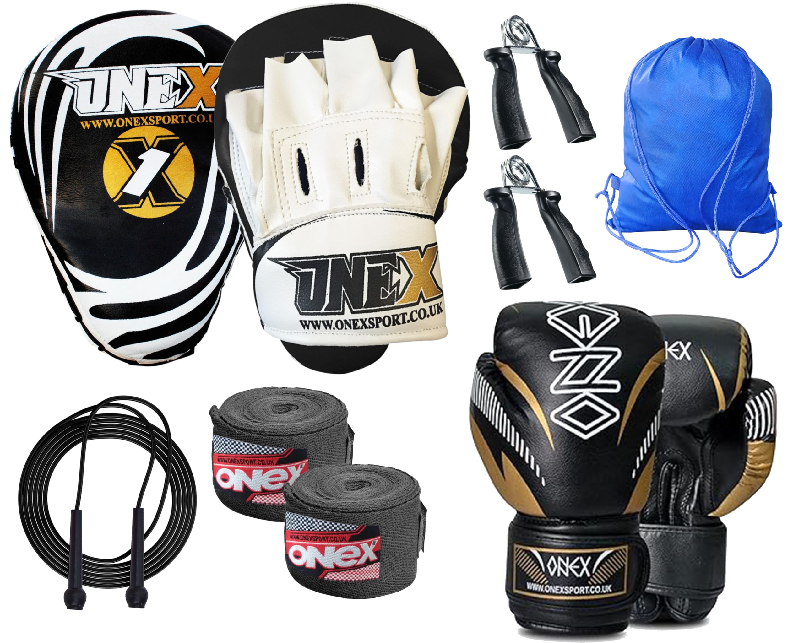Premium Boxing Set for Adults – Training Gloves and Curved Focus Pads with Wraps, Skipping Rope, Grip Strengtheners and Bag – Kickboxing, Muay Thai, MMA Fitness Kit (White)