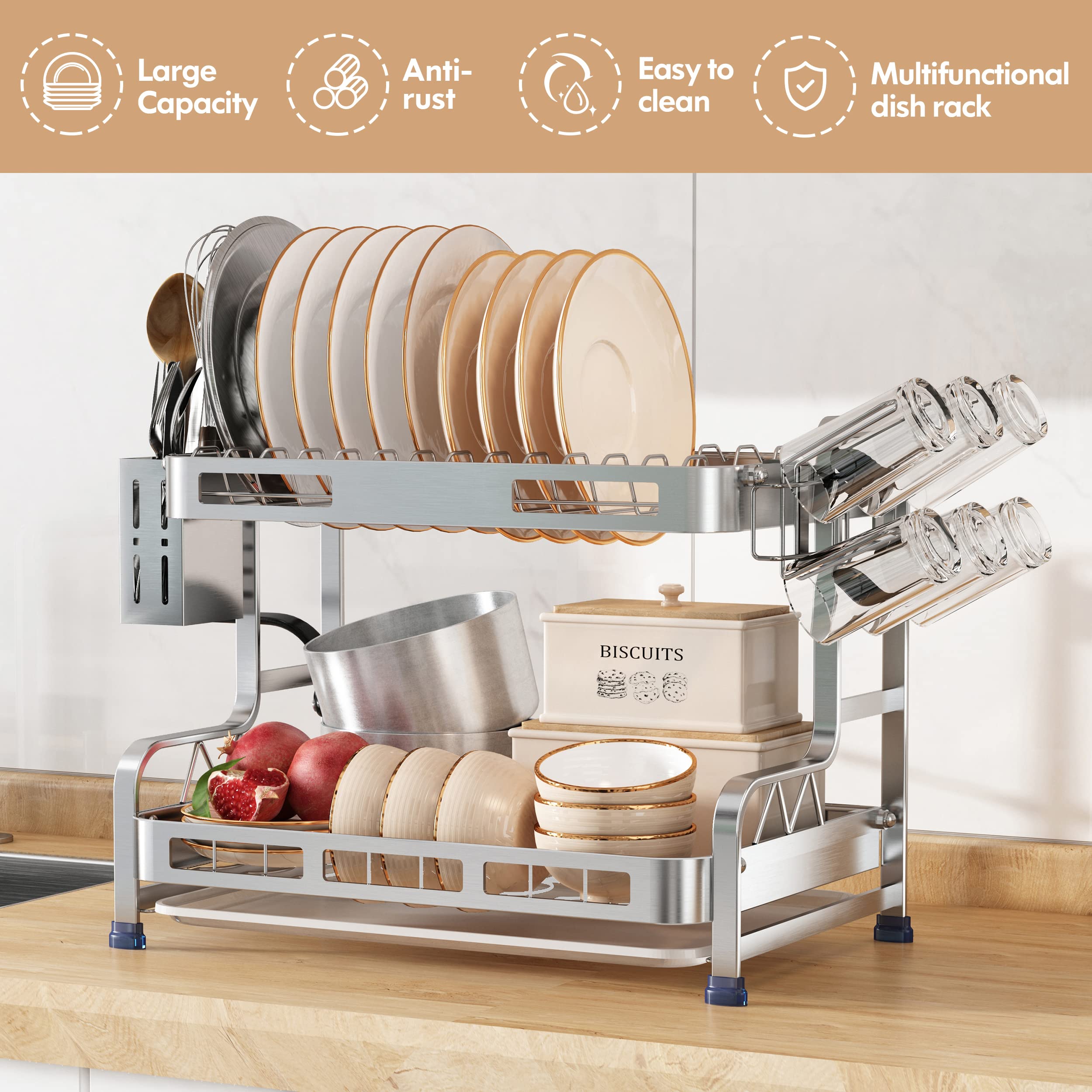 romision Dish Drying Rack, 304 Stainless Steel 2 Tier Large Dish Rack and Drainboard Set for Kitchen Counter with Utensil Holder, Wine Glass Holder and Tray, Dish Drainer Storage Rack(Silver)