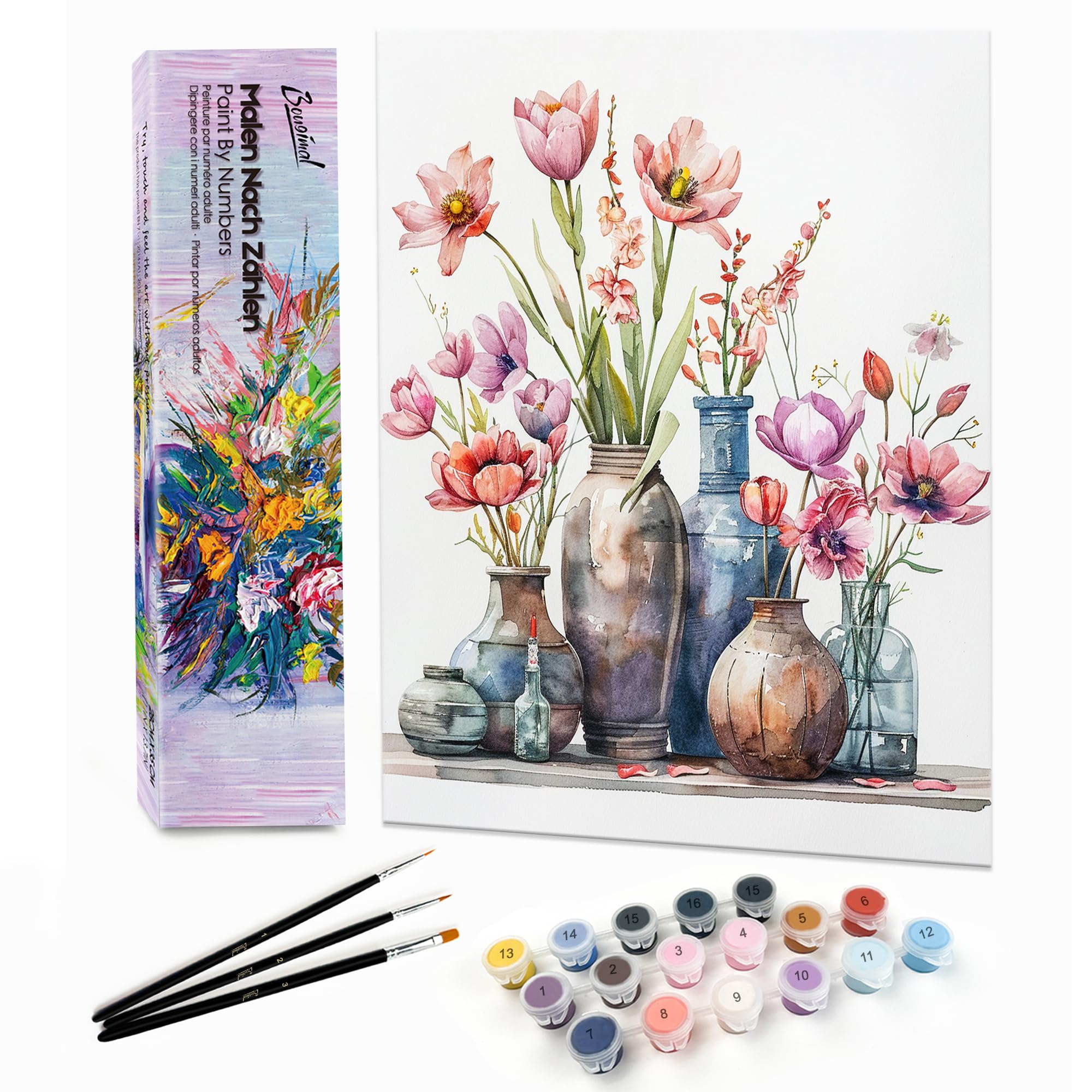 Bougimal Peinture par Numéro Adulte Paysages avec Pinceaux et Acryliques Bricolage Peintures Kits, pour la Décoration Intérieure maison, Fleurs colorées 16, 28x35cm(Avec Cadre