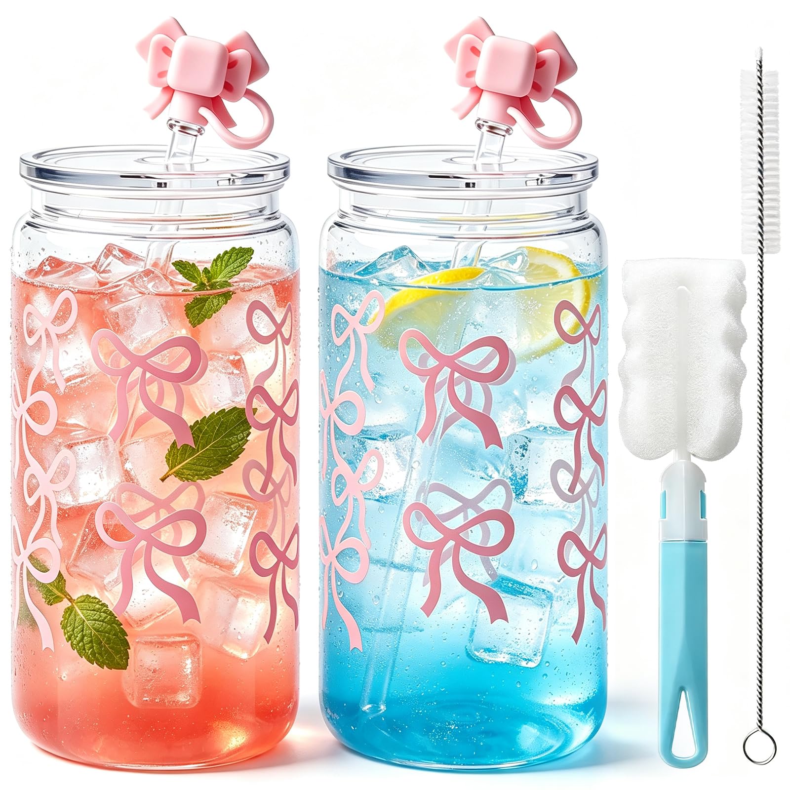 Mssushi 2 Pack Pink Bow Cups 500ml Reusable Plastic, with 2 Straw Cap