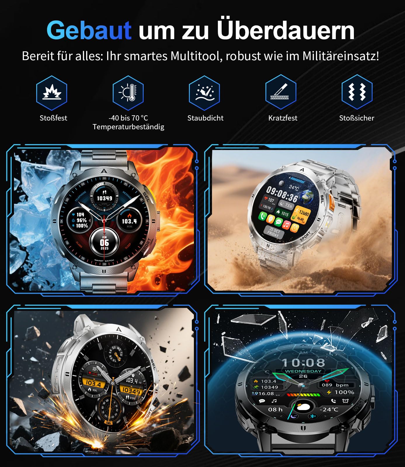 Smartwatch Herren Militär mit LED-Licht, 1,62 Zoll AMOLED Display Fitnessuhr mit Telefonfunktion, 730mAh Akku, 24/7 Herzfrequenz/Schlafmonitor, 119 Sportmodi Sportuhr für iOS Android, 2 Uhrenbänder