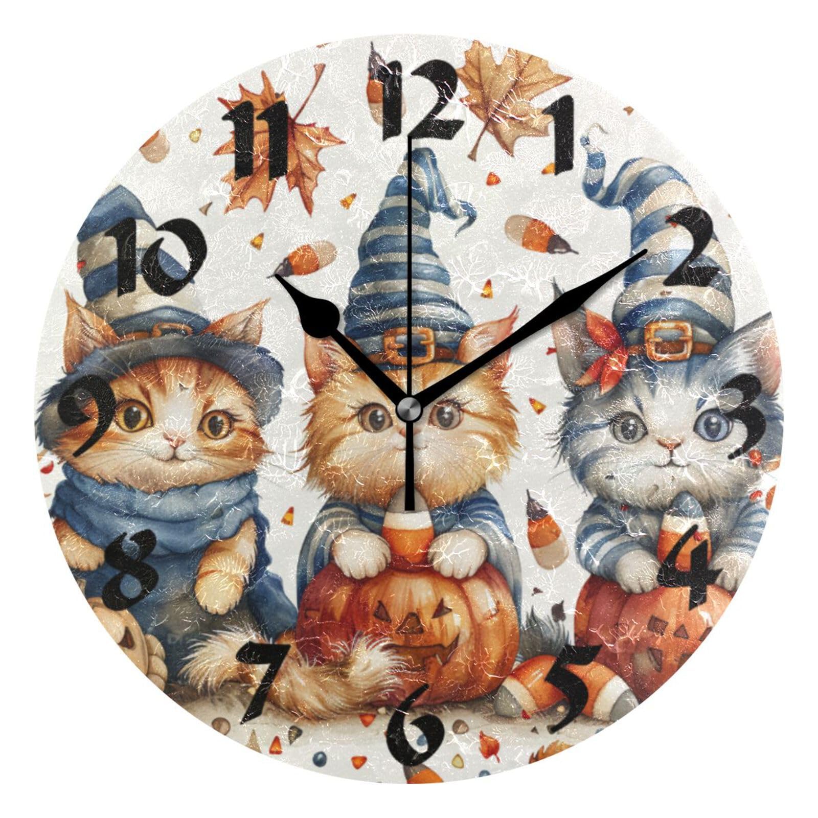 Horloge d'Halloween chaton mignon : pendule ronde silencieuse pour déco de salon chaleureuse