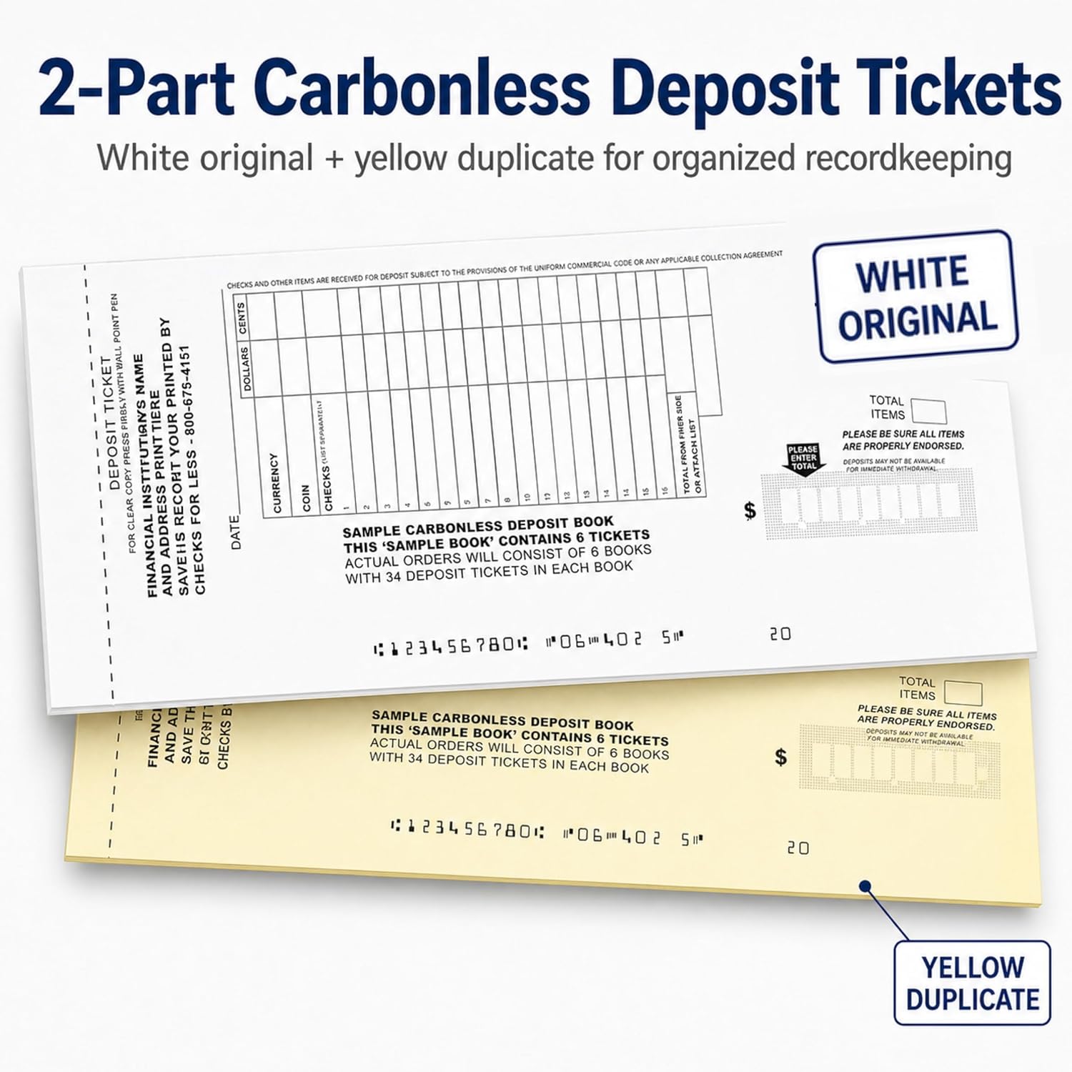 Custom Printed Deposit Tickets, 2-Part Carbonless Duplicate Bank Deposit Slips, Book Bound Personalized Deposit Tickets, 400 Count