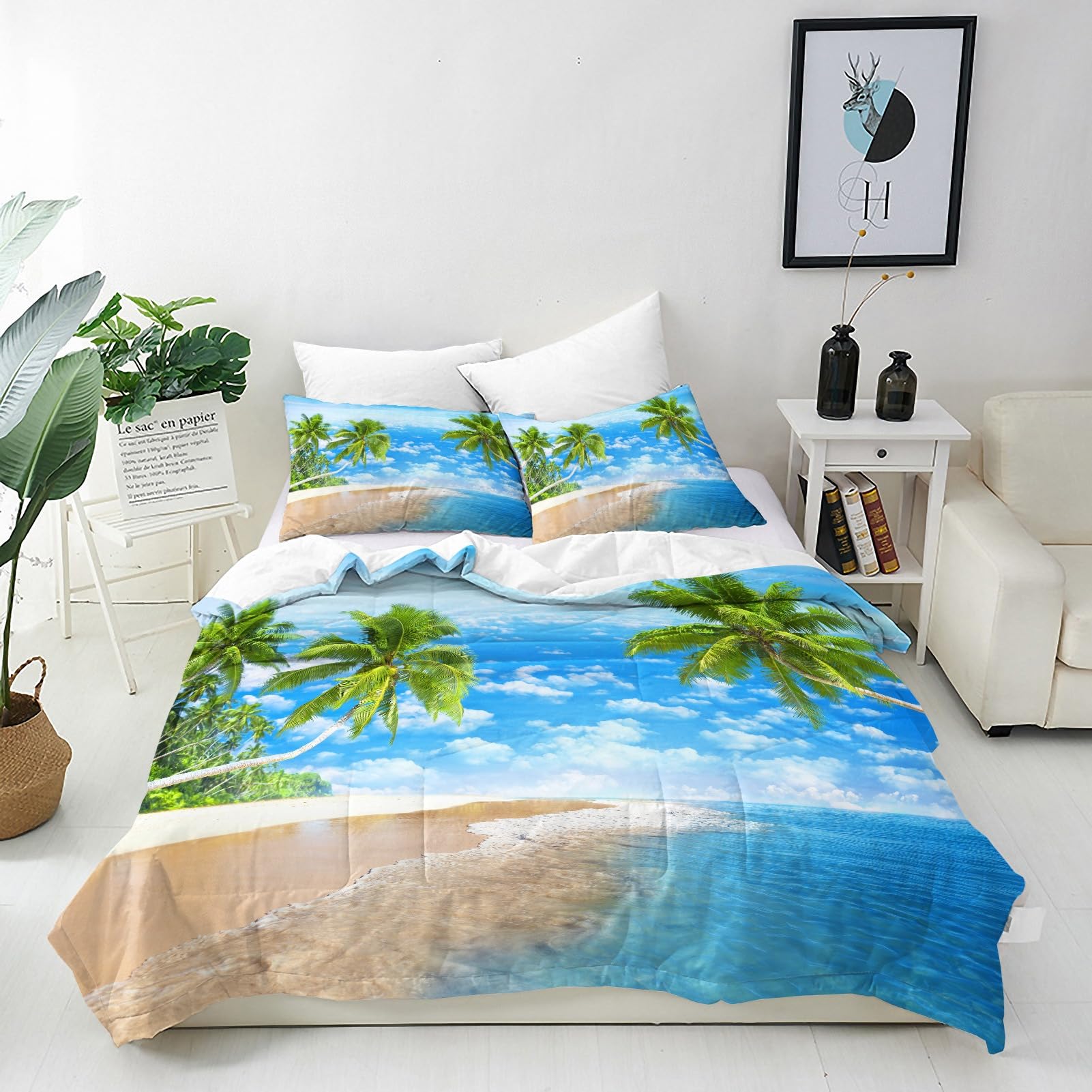 ANHOPE Beach Duvet Cover Set 3 Piece Bedding Set with 2 Pillowcases Tropical Ocean Palm Tree Print Pattern Soft Breathable Microfibre Quilt Cover with Zipper Closure Super King