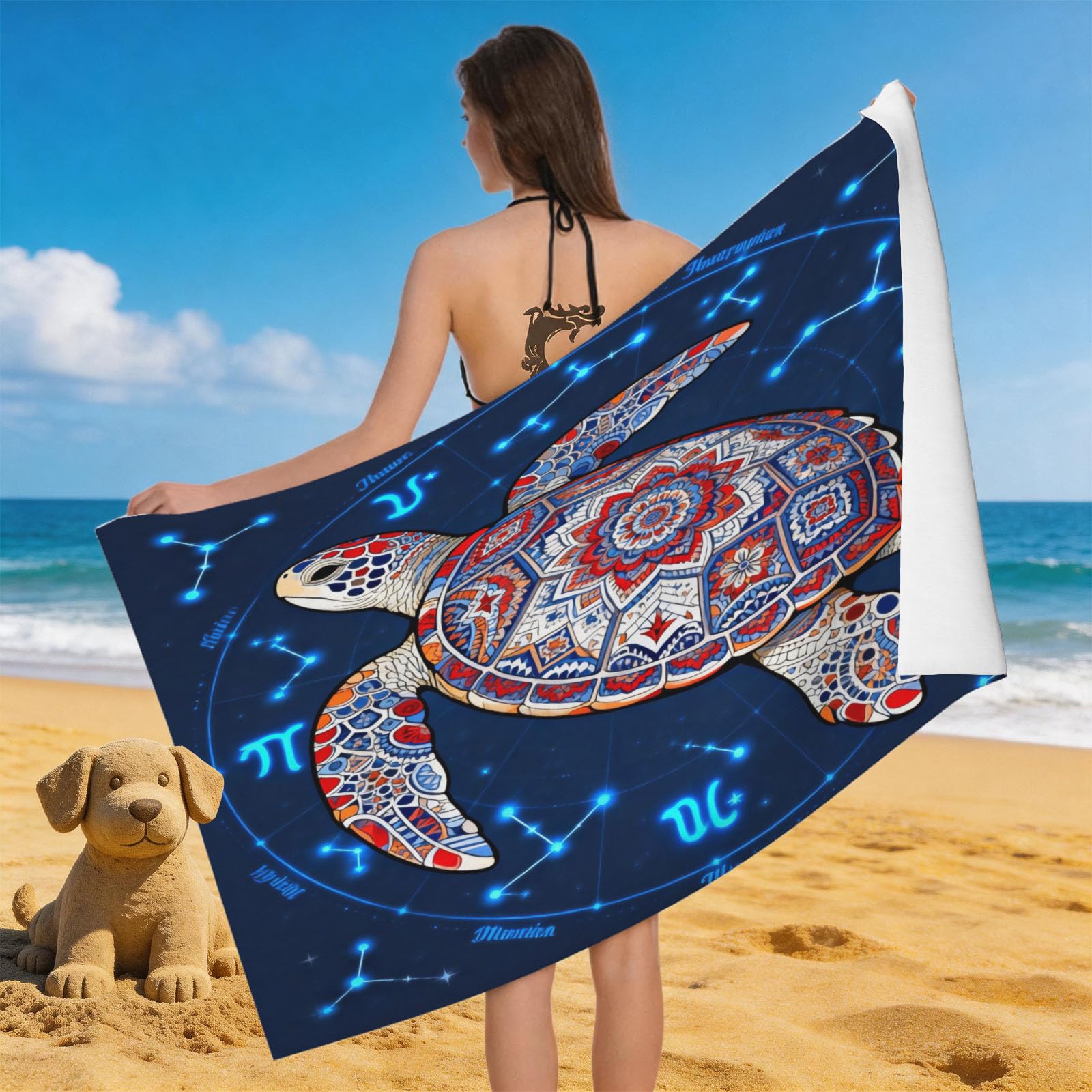 Leichong Men's Blue 3D Mysterious Turtle Beach Towel Large Microfiber Soft Quick Dry For Adults, Ethnic Pattern Bath Towel Lightweight Soft Absorbent For Travel Swimming Pool Sports, 180 X 90 Cm