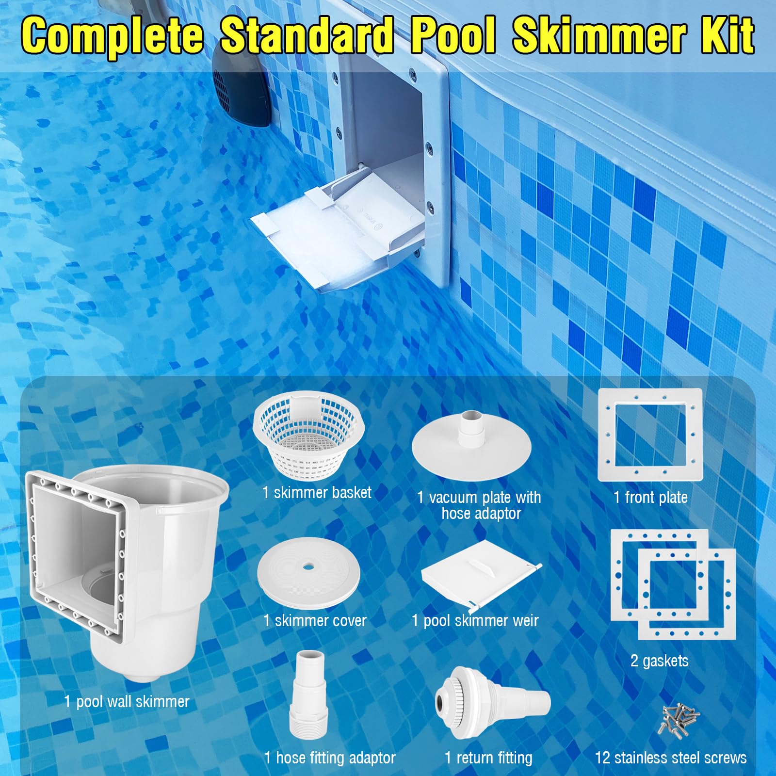 Skimmer per piscina fuori terra, skimmer standard da parete per piscina, sistema completo di skimmer fuori terra (bianco)