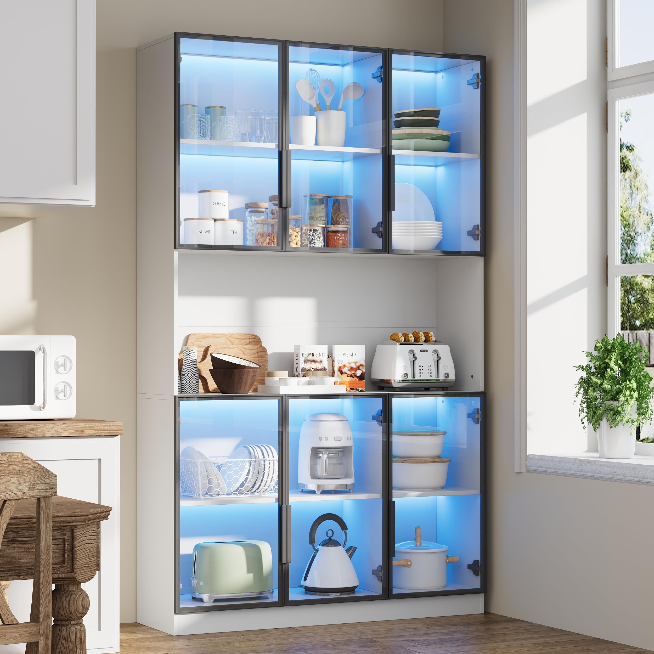 Vitrina de 120 x 34 x 200 cm, vitrina de pie con 6 puertas, zona de almacenamiento libre, armario alto, vitrina de cristal con LED, armario de salón de 120 cm de ancho, armario multifunción