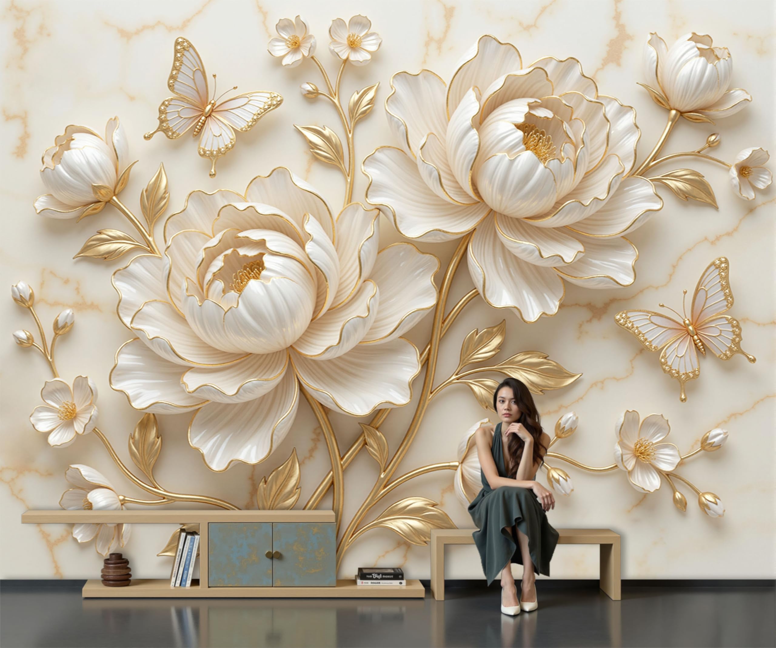 Papier Peint Soie Pivoine Blanche 3D pour une Ambiance Romantique