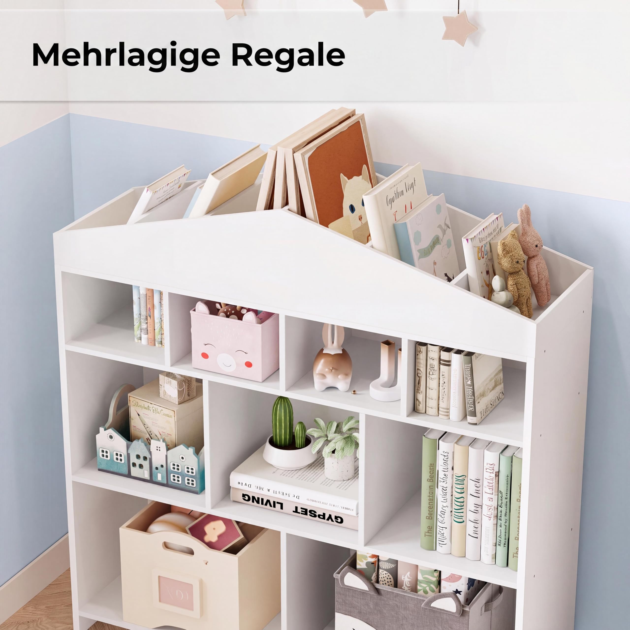 Kinder Bücherregal Hausform, Holzregal für Bücher & Spielzeug, Weiß | Hausförmiges Holzregal mit 15 Fächern – bietet viel Stauraum für Kinderbücher und Spielzeug, ideal für Kinderzimmer.