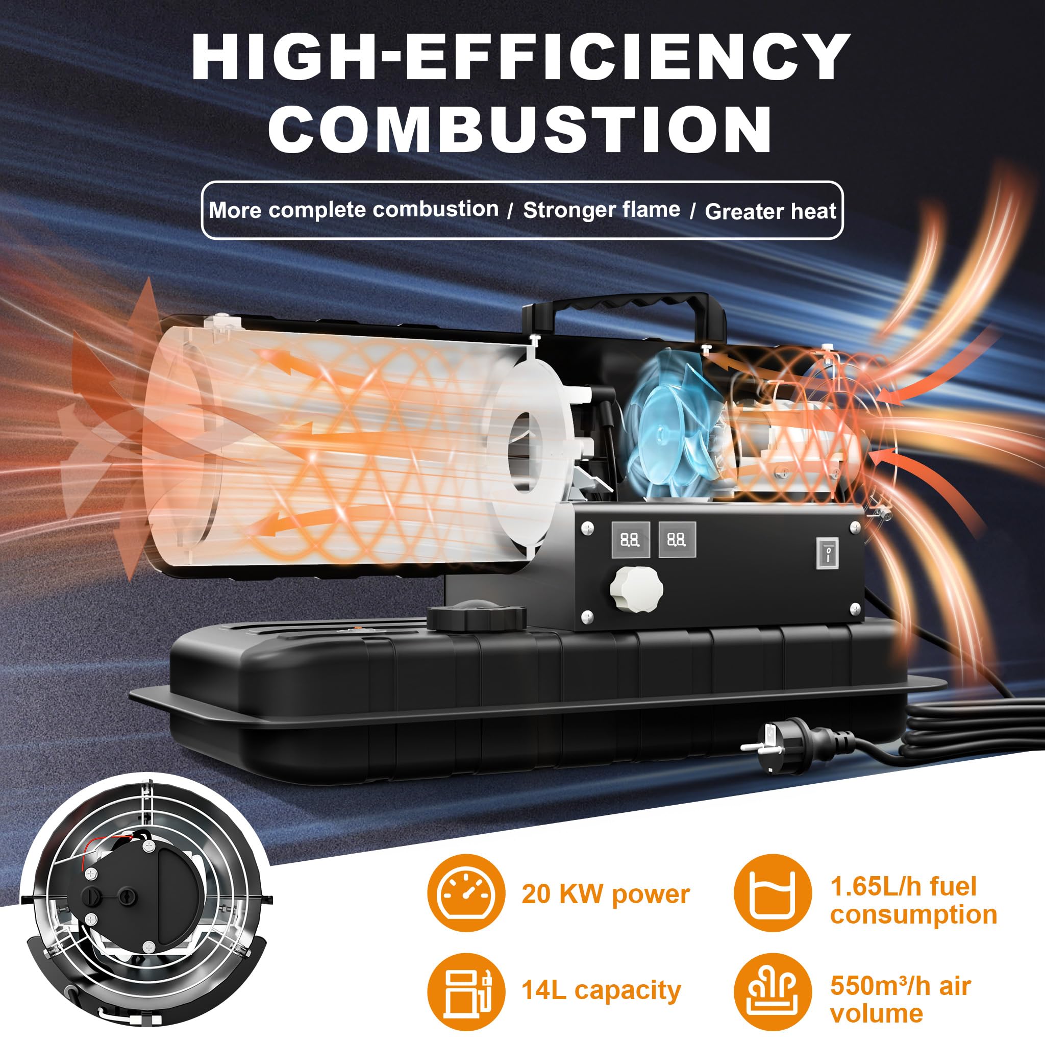 UISEBRT 20 kW Ventilateur de chauffage diesel, canon à chaleur diesel déshumidificateur de construction avec thermostat et indicateur de niveau de carburant, 550 m³/h radiateur pour ateliers