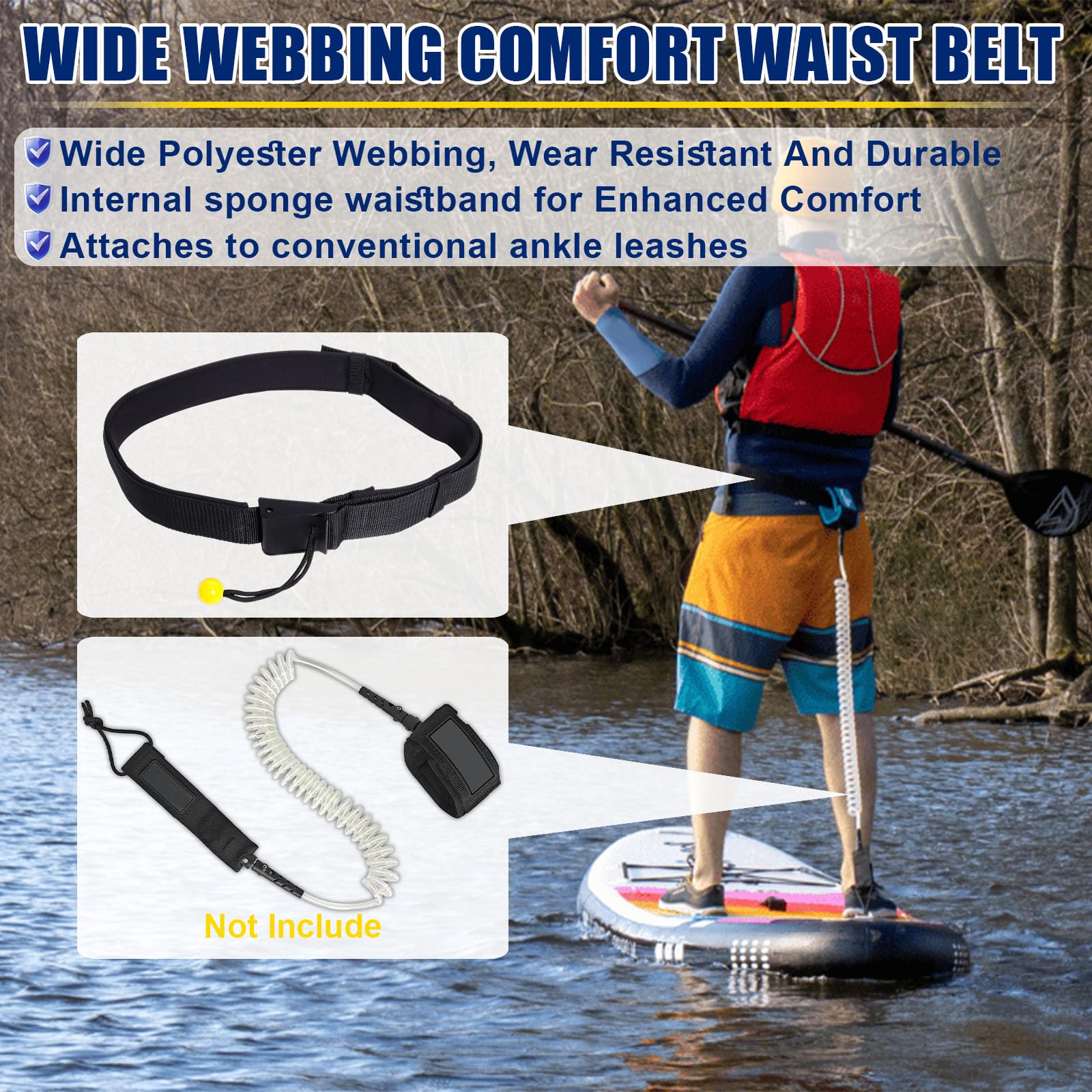 Gekufa SUP Waist Leash Quick Release Adjustable Waist Belt Leash for all Stand Up Paddle Board Coil Leashes Water Sport Surf