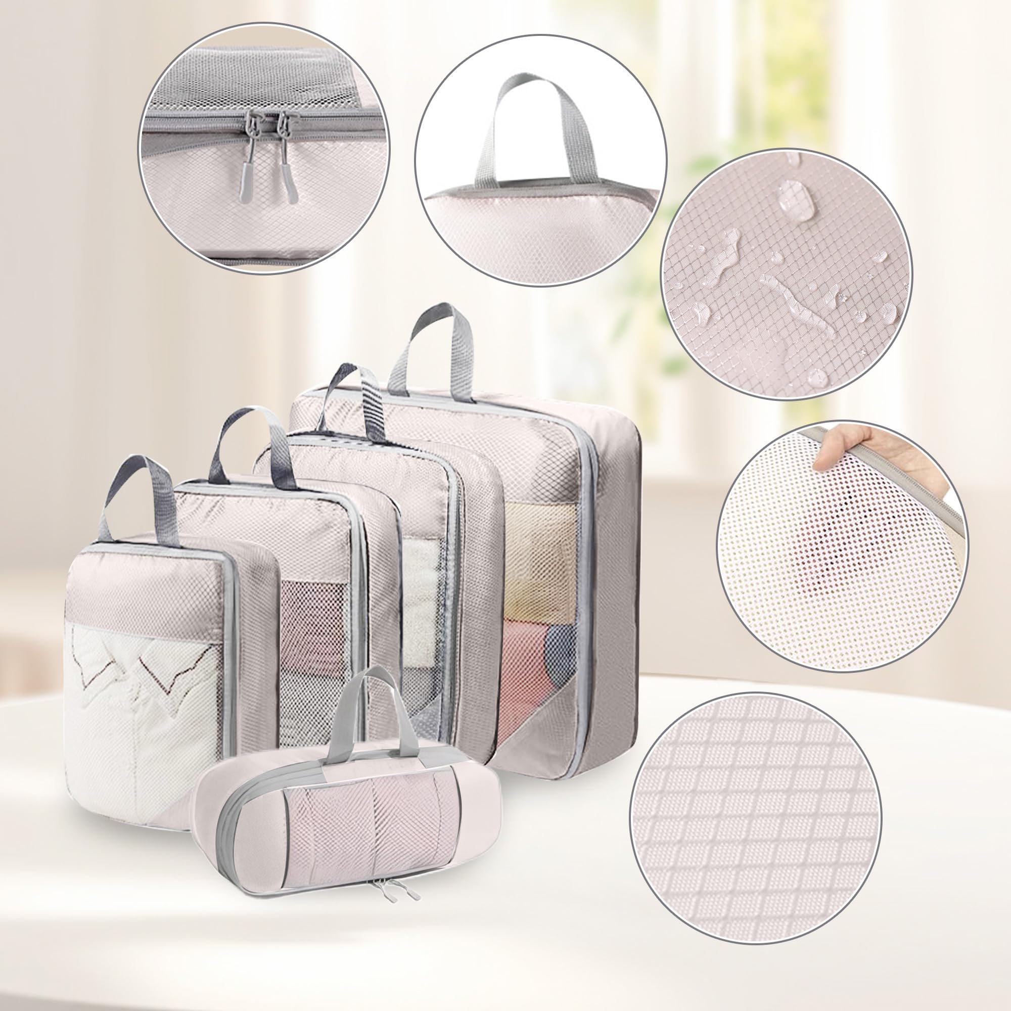 Organizer Valigia, 8 Pezzi Espandibile Packing Cubes per Zaino, Ultraleggero Organizer Viaggio per Bagagli da Trasporto (Beige)