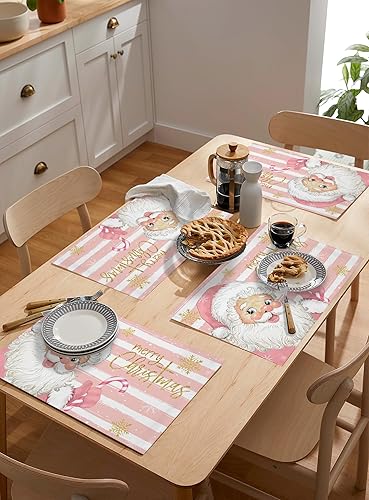 Miniatura 5 de Juego de 4 manteles individuales de Feliz Navidad, Papá Noel con copos de nieve dorados, rayas rosas, resistentes al calor, manteles individuales