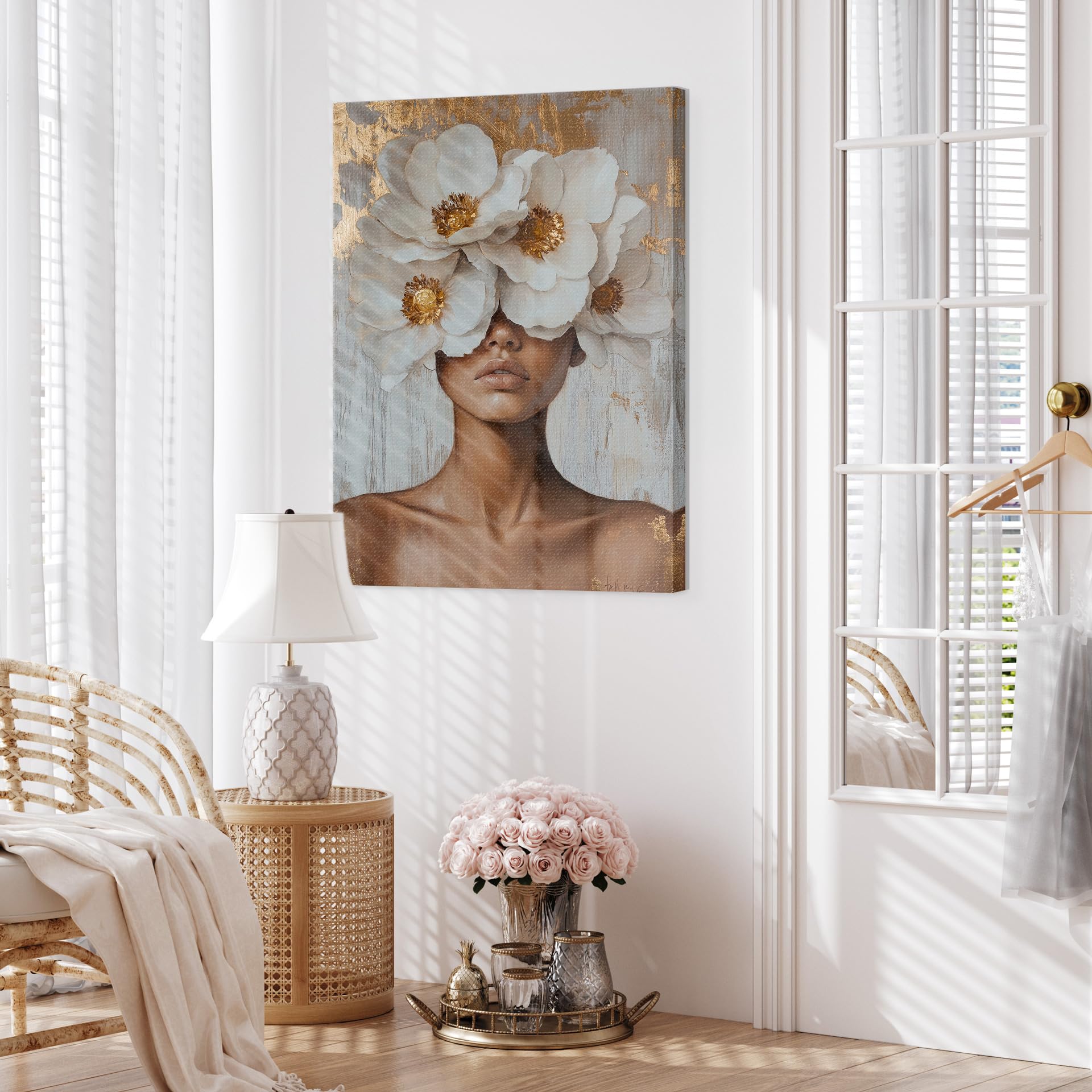 STYLER Henriette Płótno ścienne 70 x 100 cm (gotowe do powieszenia) Ekspresyjny portret I Kobieta z białymi kwiatami na złotym tle I Sztuka ścienna salon sypialnia przedpokój biuro