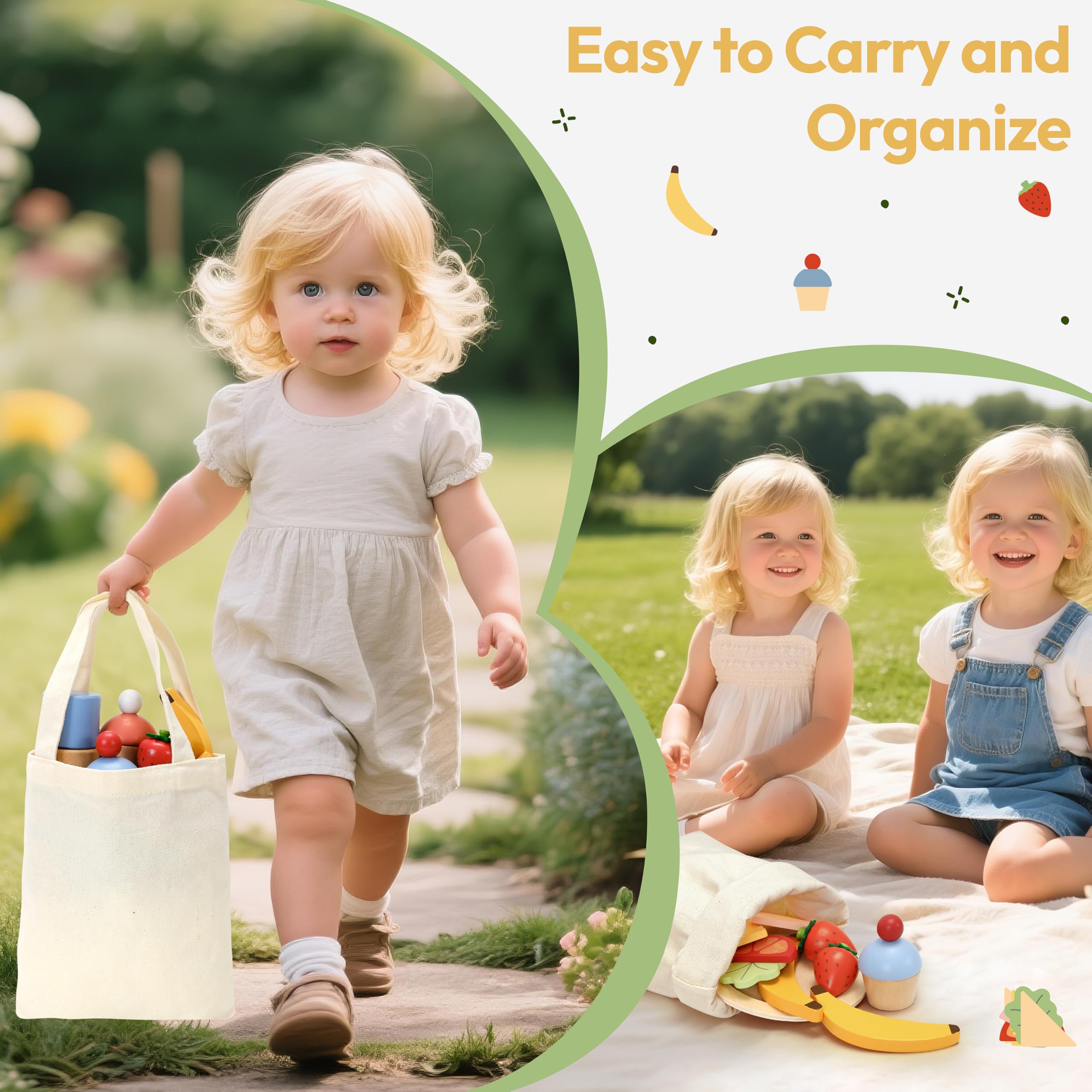 Juego de picnic de madera para niños, 30 piezas de juguete de comida con termos, sándwiches, frutas, utensilios, bolsa de transporte de lona y manta, accesorios de cocina de juego de 6