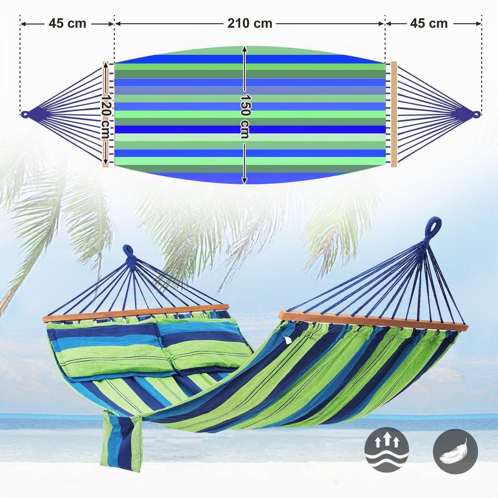 SONGMICS Hamaca con travesaño, Tela de Polialgodón, 210 x 150 cm, Carga de 300 kg GDC22L | Socozzy GDC22L - Portátil y transpirable (300 kg)