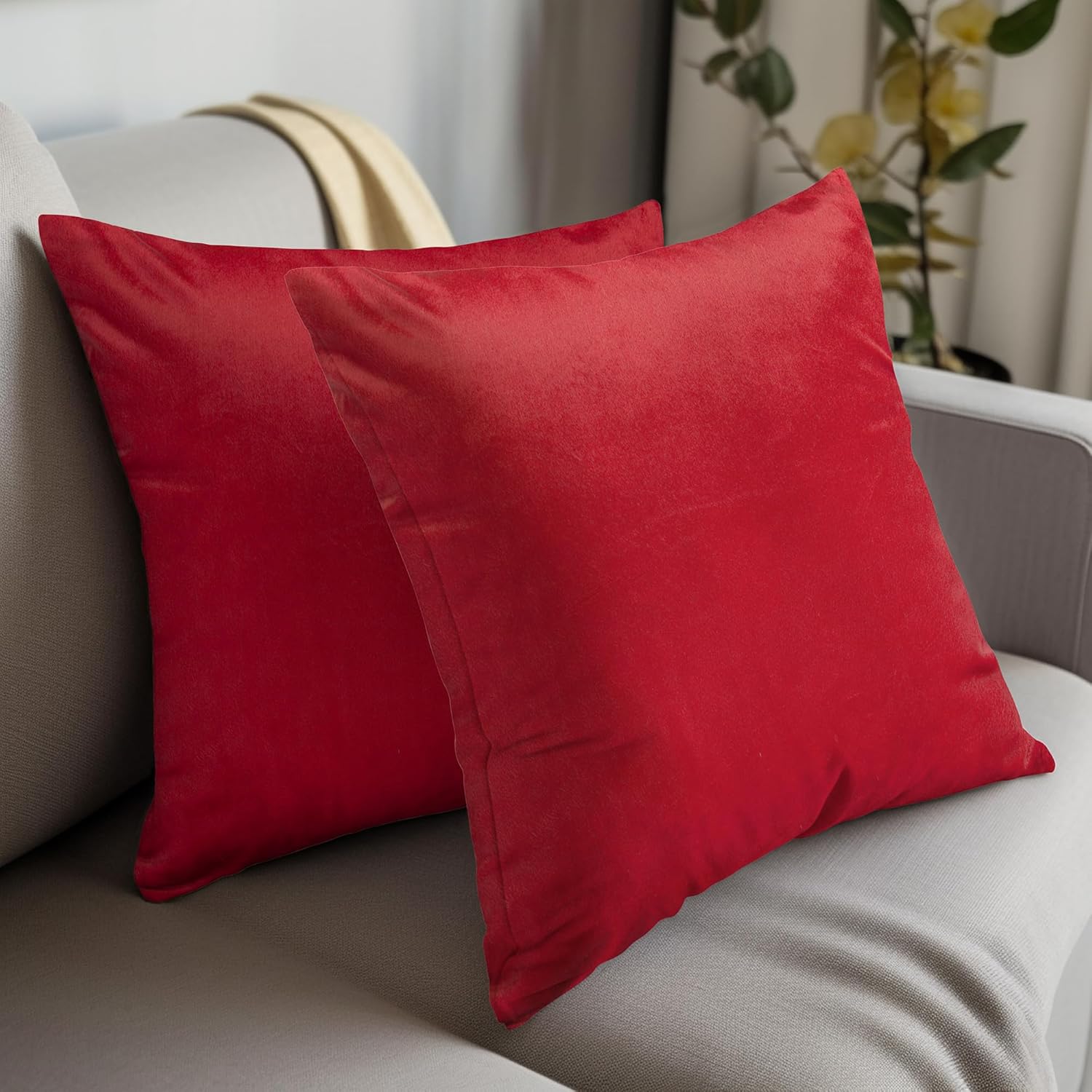 Encasa Christmas New Year VELVET Cushion Covers 2pc Set (45 x 45 cm) Red Solid Plain Dyed